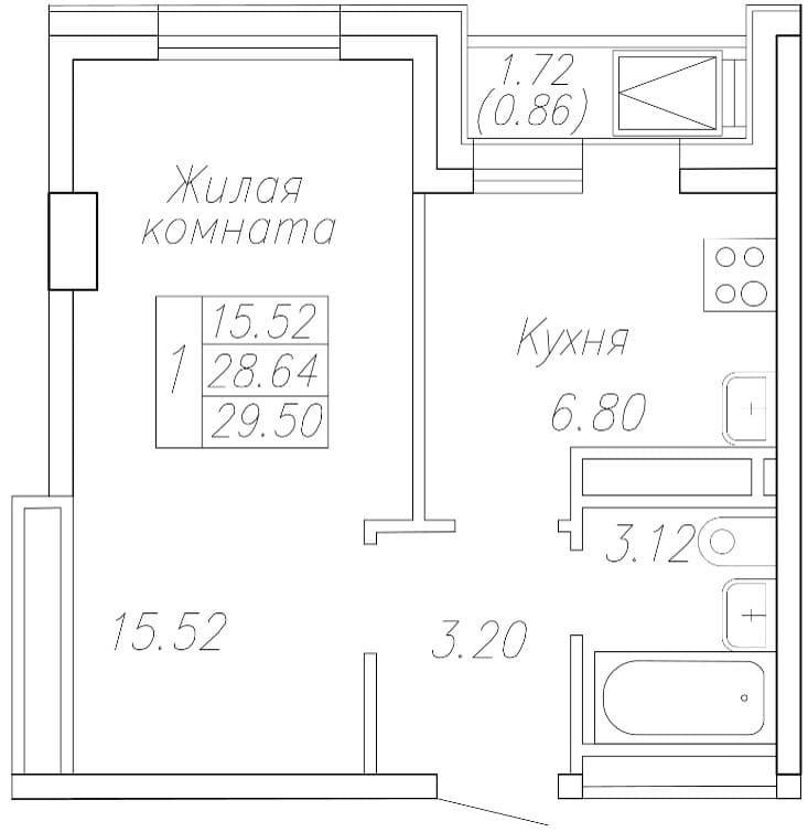 1 комн., 29.5 м²