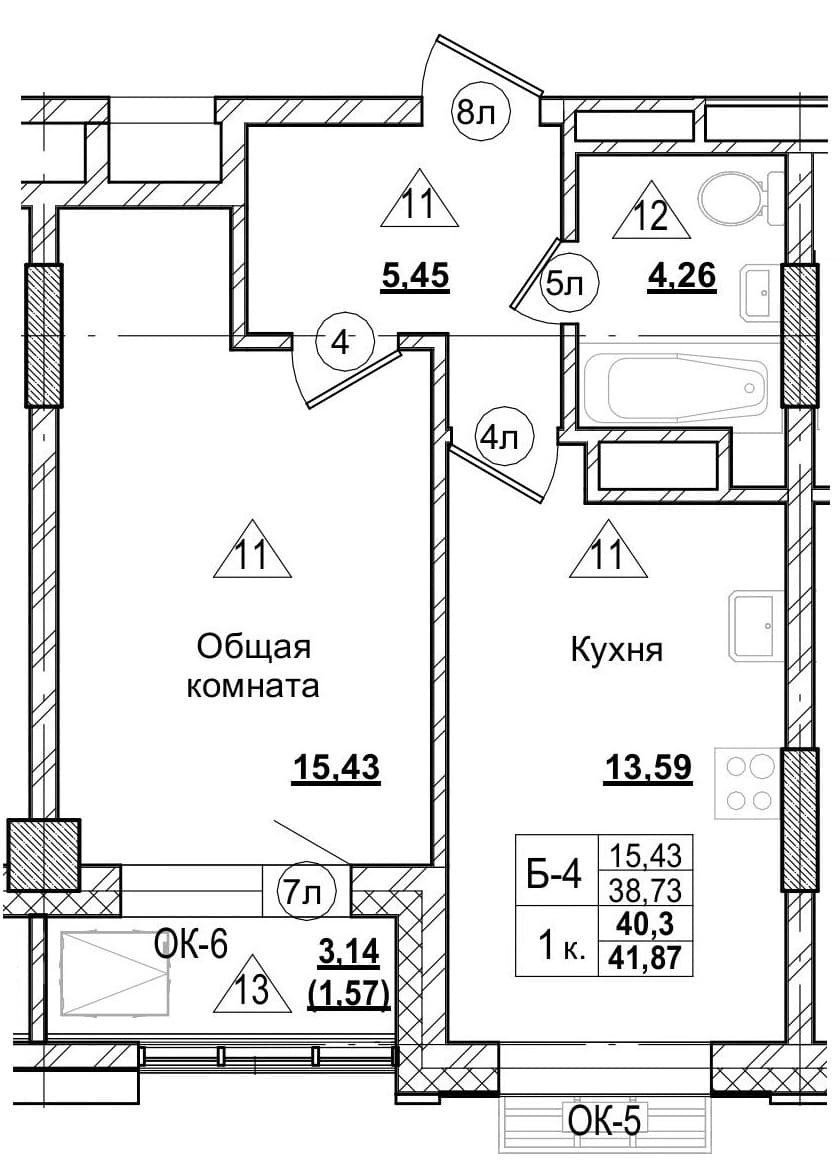 1 комн., 40.3 м²