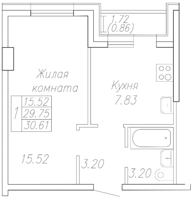 1 комн., 30.6 м²