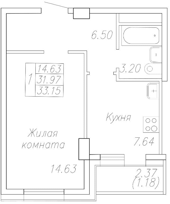 1 комн., 33.1 м²