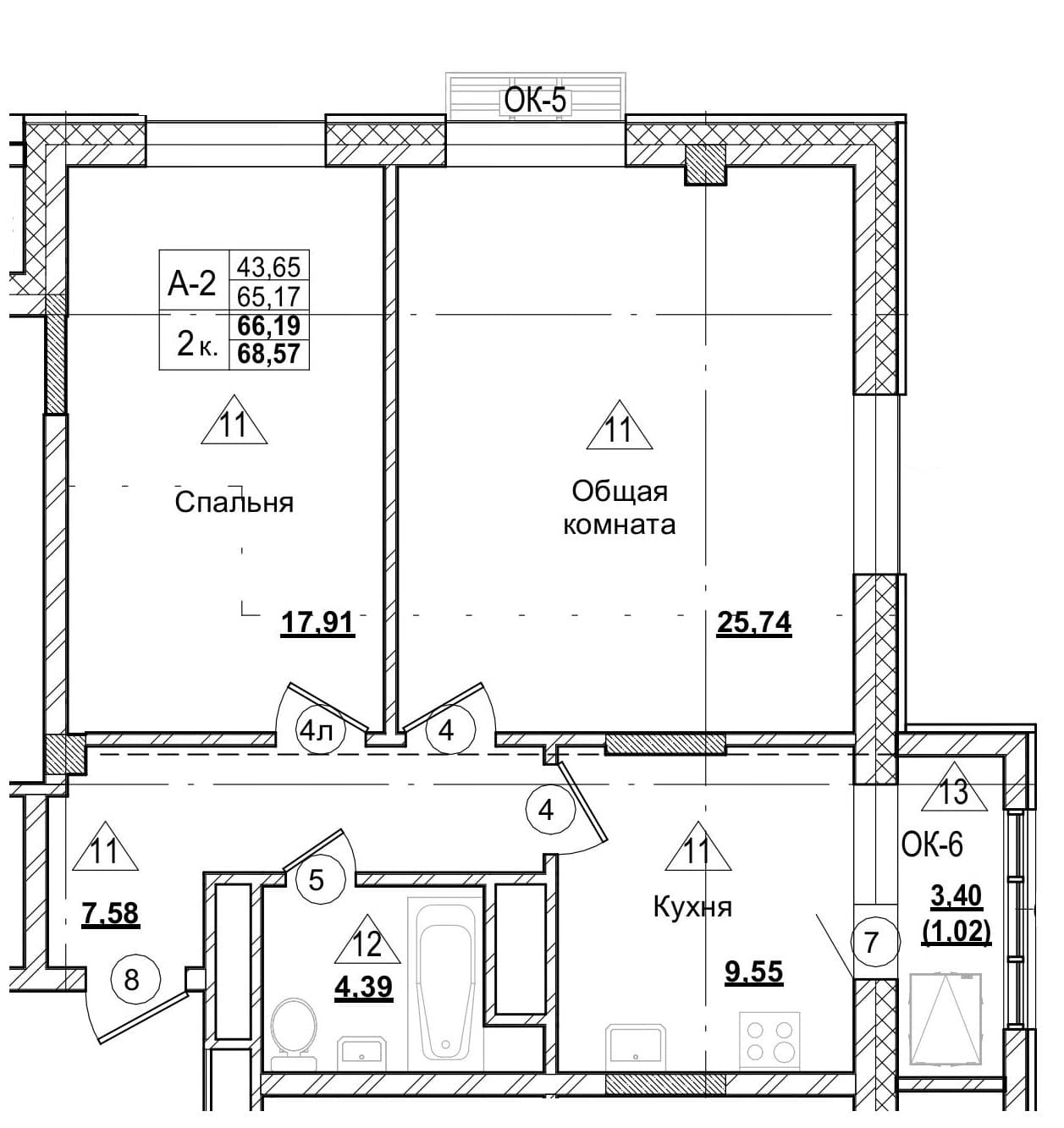 2 комн., 66.2 м²