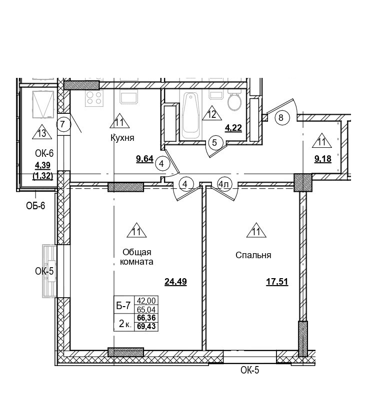 2 комн., 66.4 м²