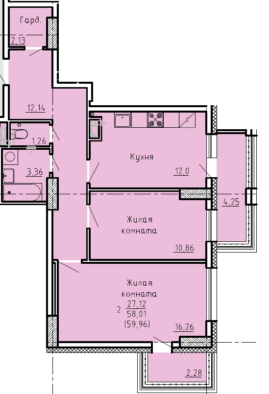 2 комн., 60.0 м²