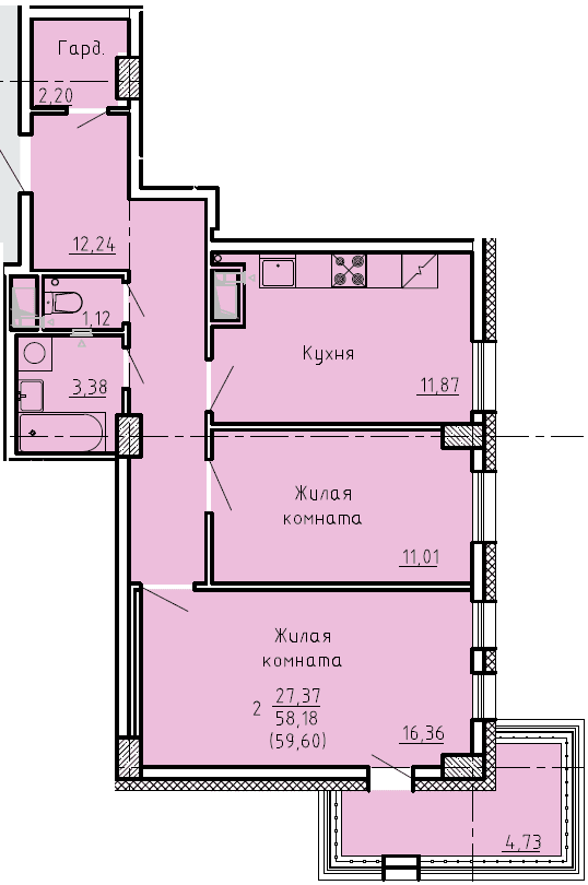 2 комн., 59.6 м²
