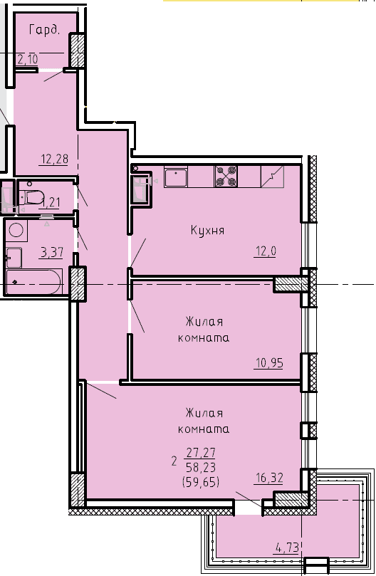 2 комн., 59.6 м²