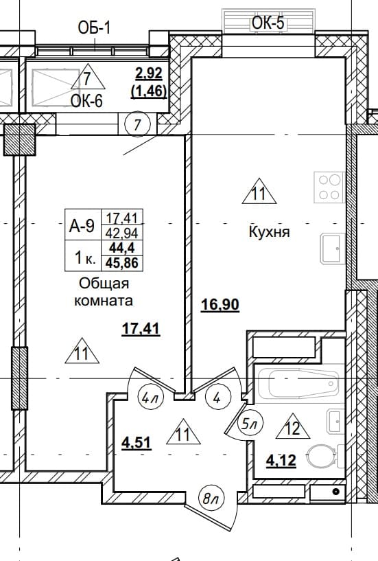 1 комн., 44.4 м²