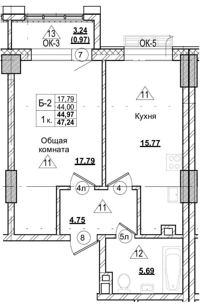 1 комн., 45.0 м²