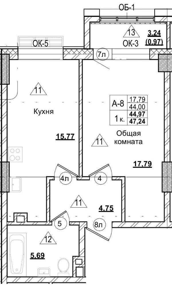 1 комн., 45.0 м²