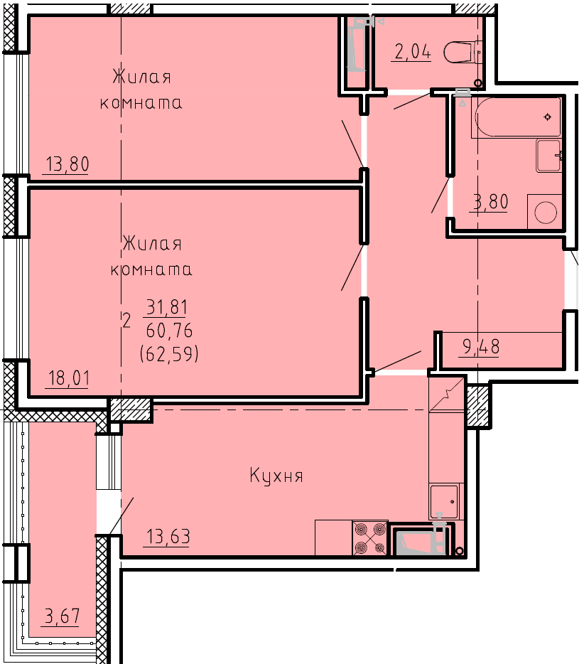 2 комн., 62.6 м²