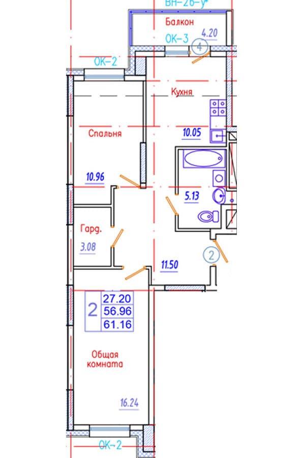 2 комн., 61.2 м²