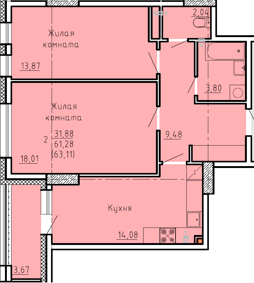 2 комн., 63.1 м²