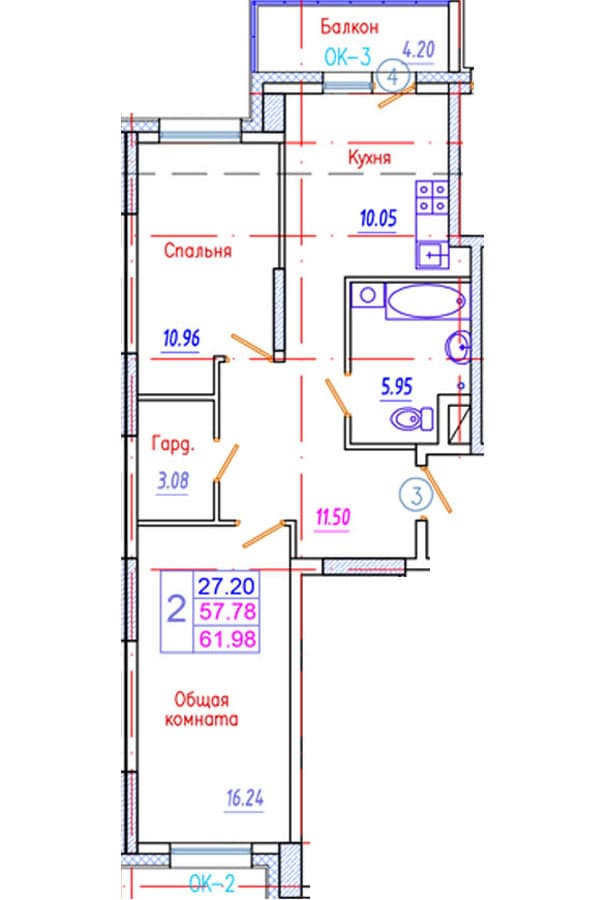 2 комн., 62.0 м²