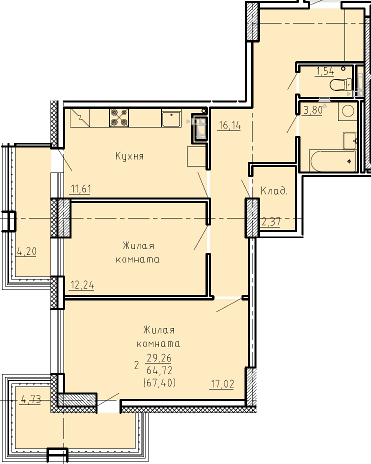 2 комн., 67.4 м²
