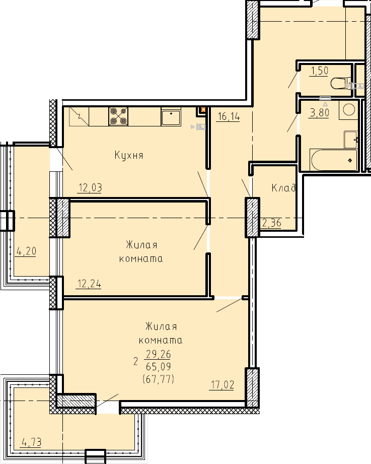 2 комн., 67.8 м²