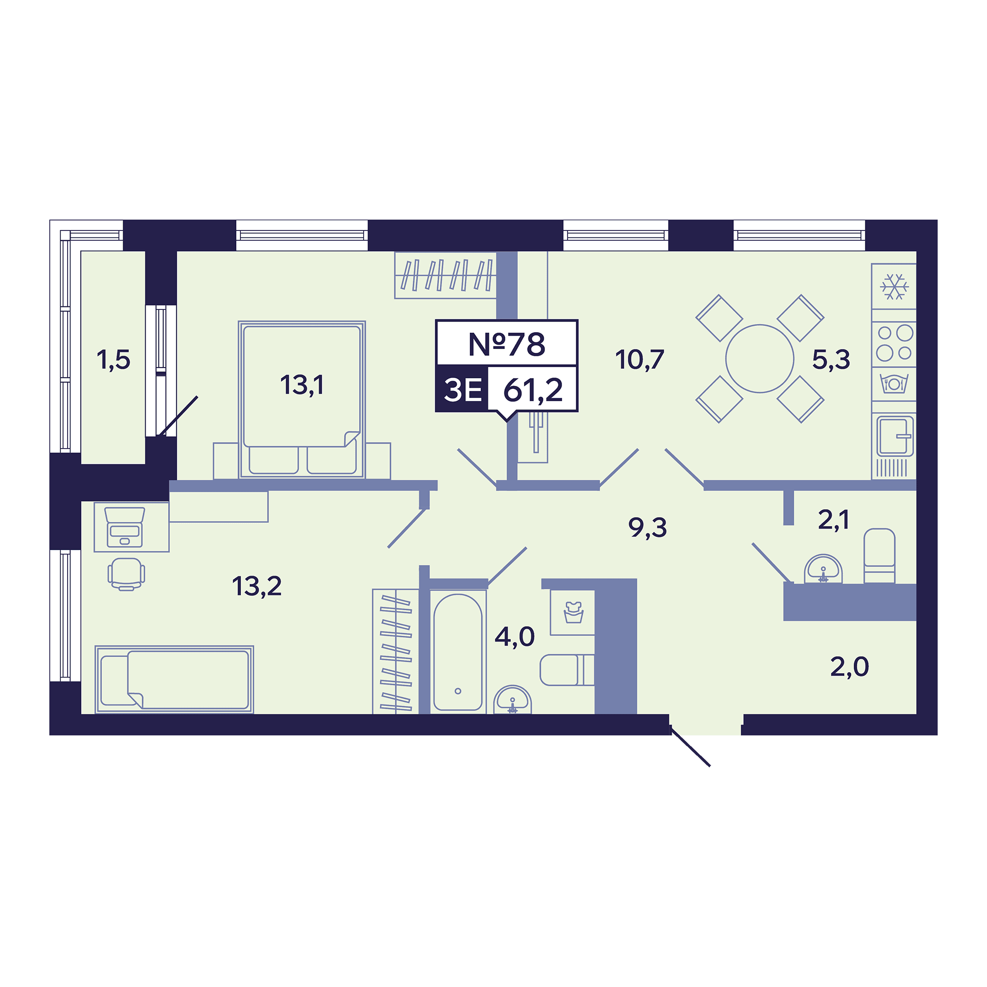 3 комн., 61.2 м²