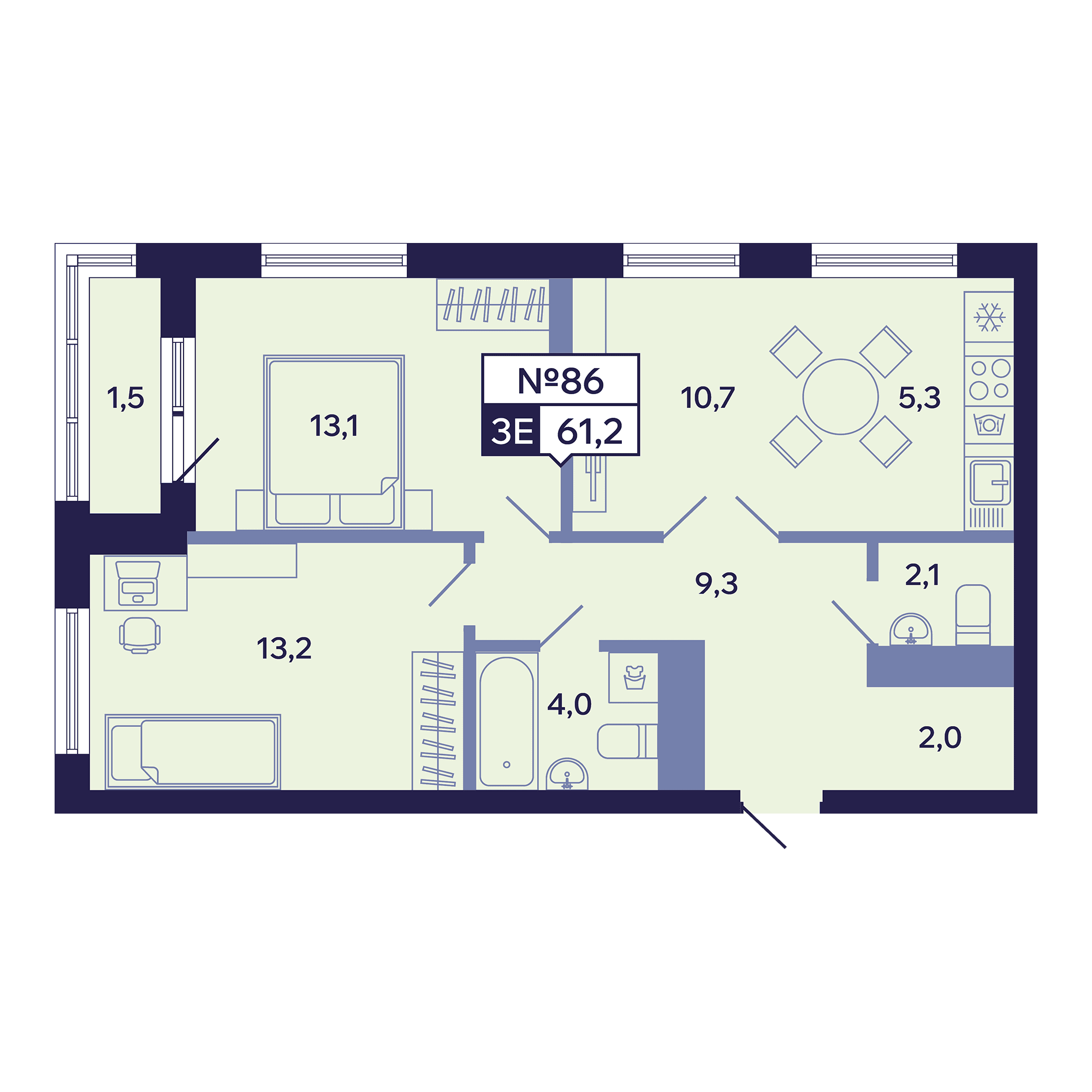 3 комн., 61.2 м²
