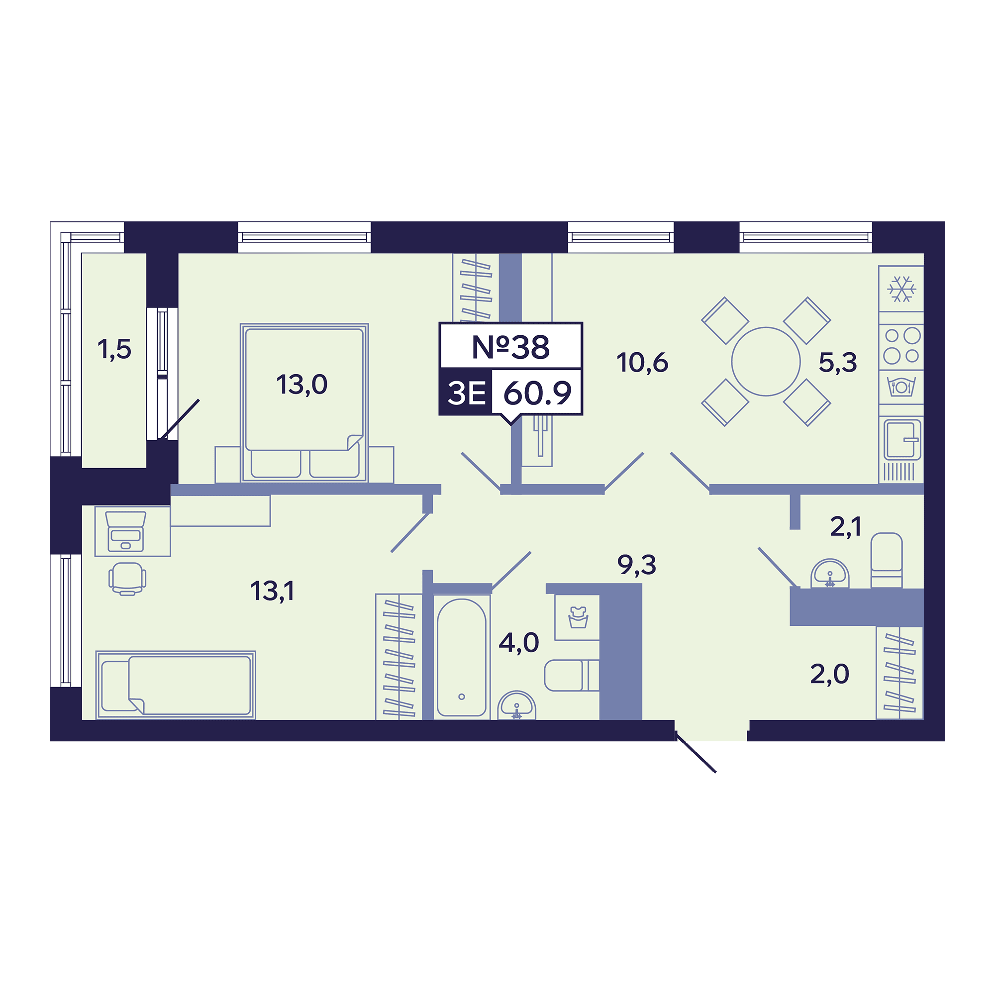 3 комн., 60.9 м²
