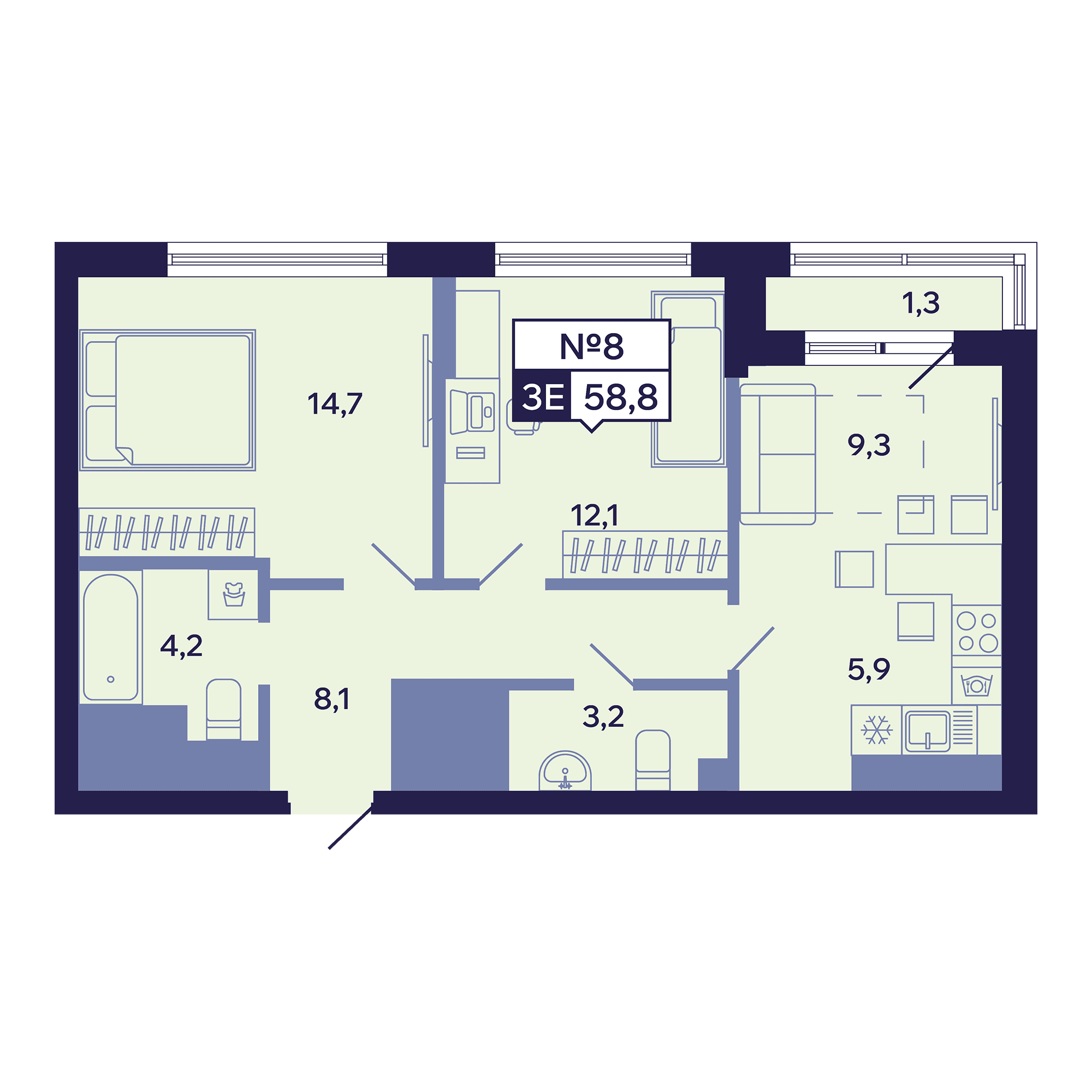 3 комн., 58.8 м²