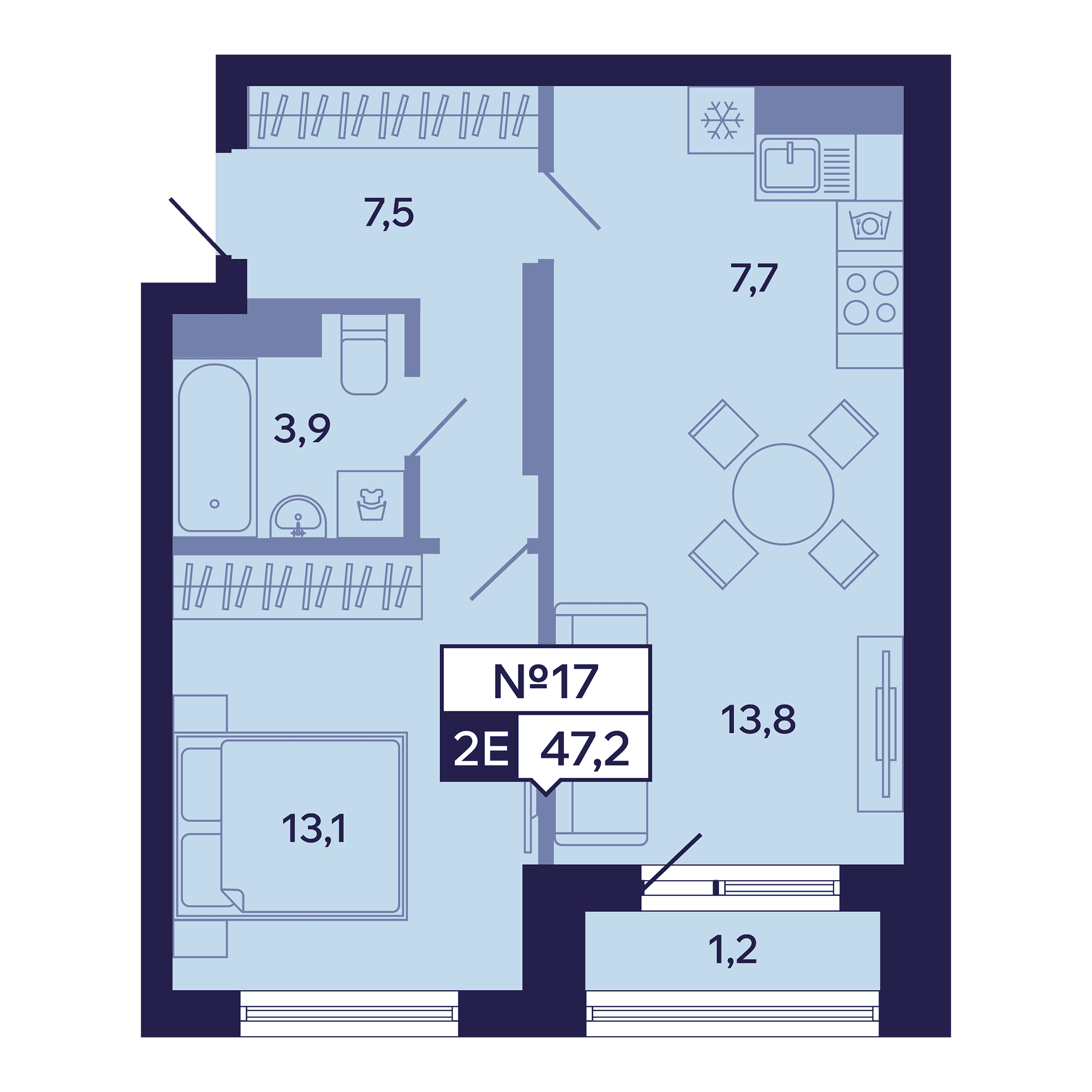 2 комн., 47.2 м²