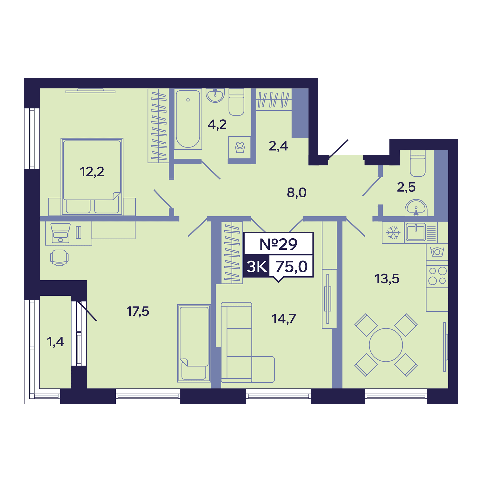 3 комн., 76.4 м²