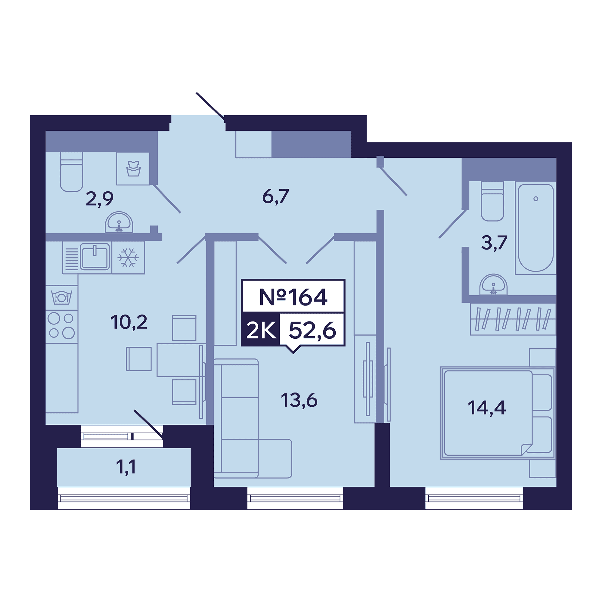 2 комн., 52.6 м²