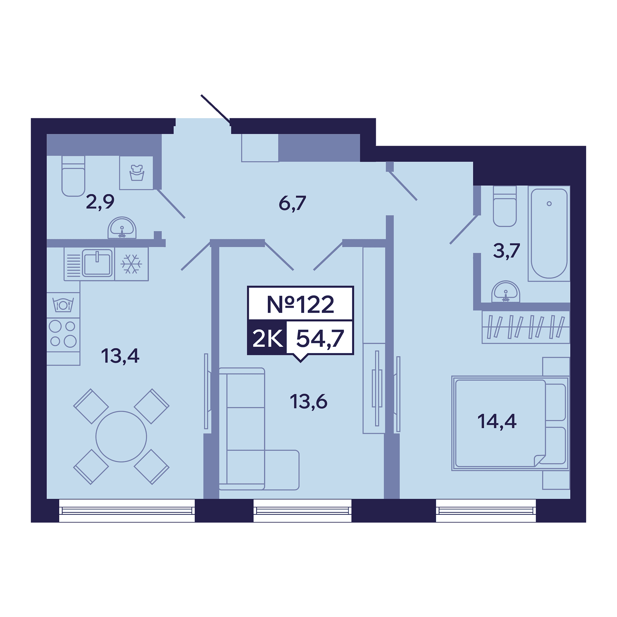 2 комн., 54.7 м²