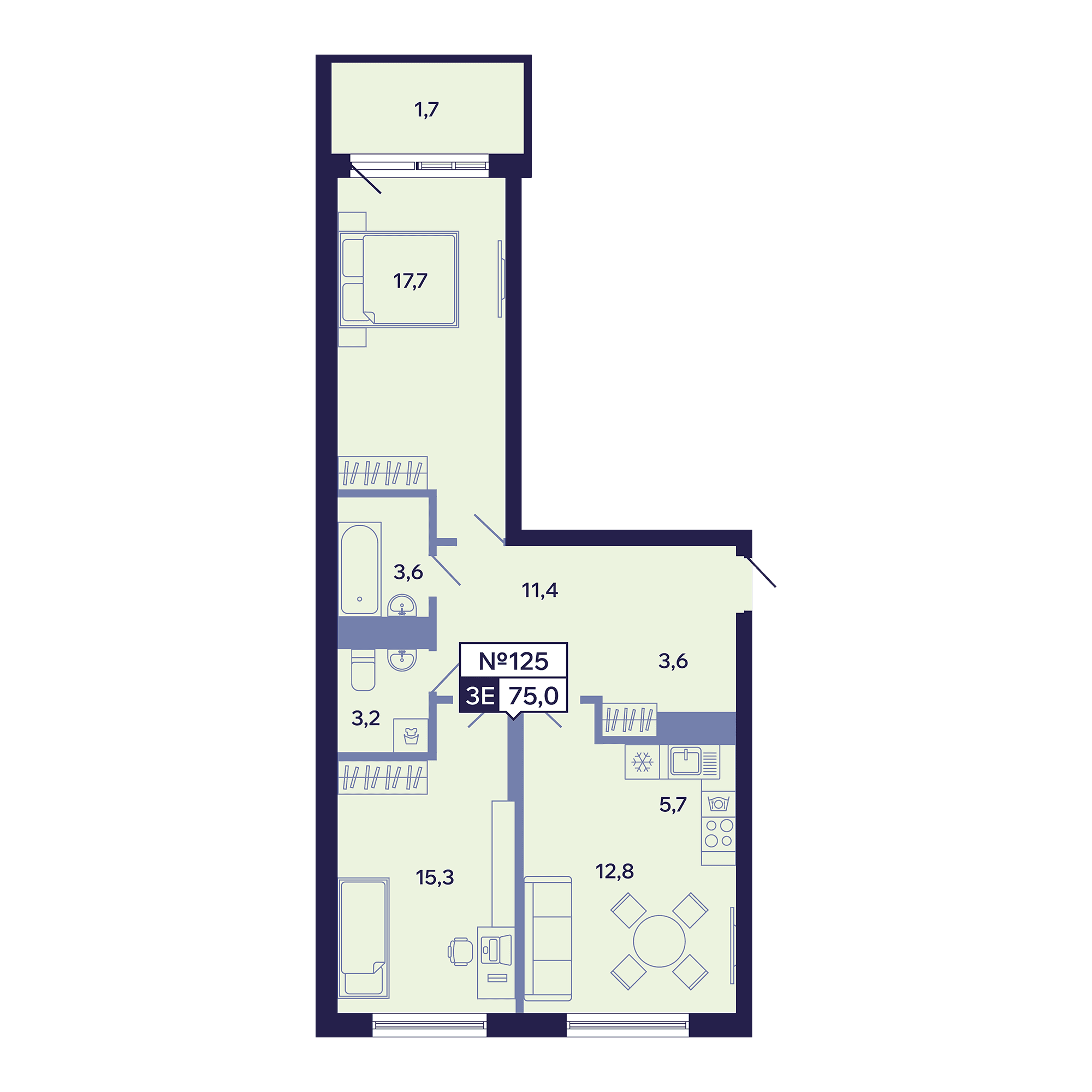 3 комн., 75.0 м²