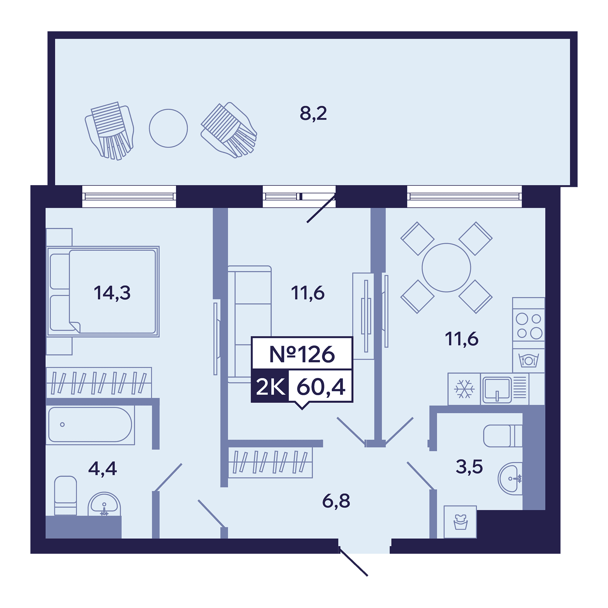 2 комн., 60.4 м²