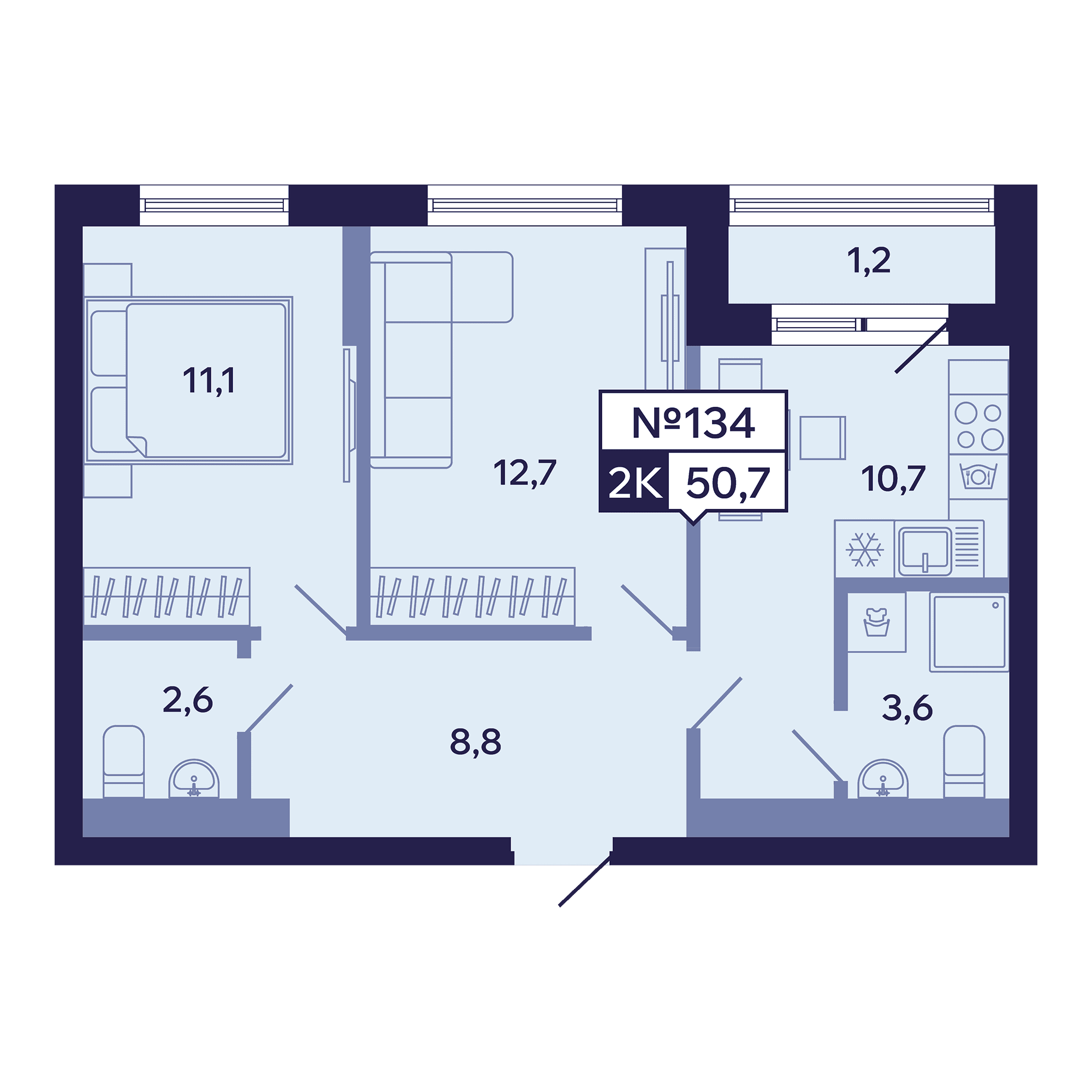 2 комн., 50.7 м²