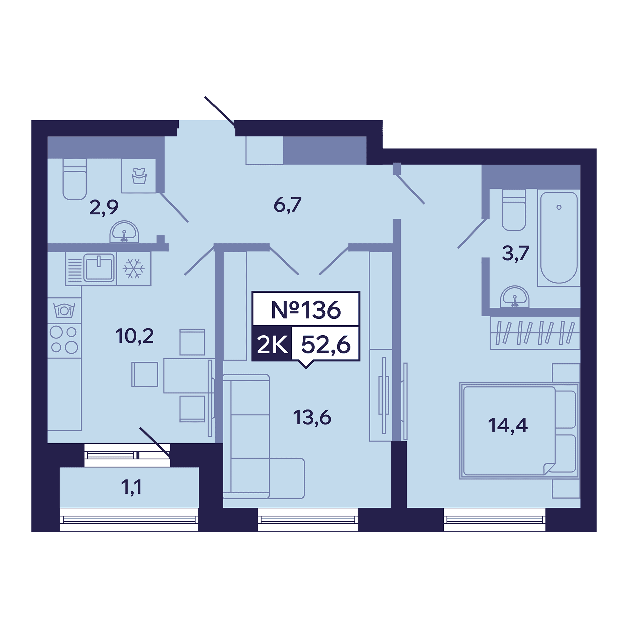 2 комн., 52.6 м²