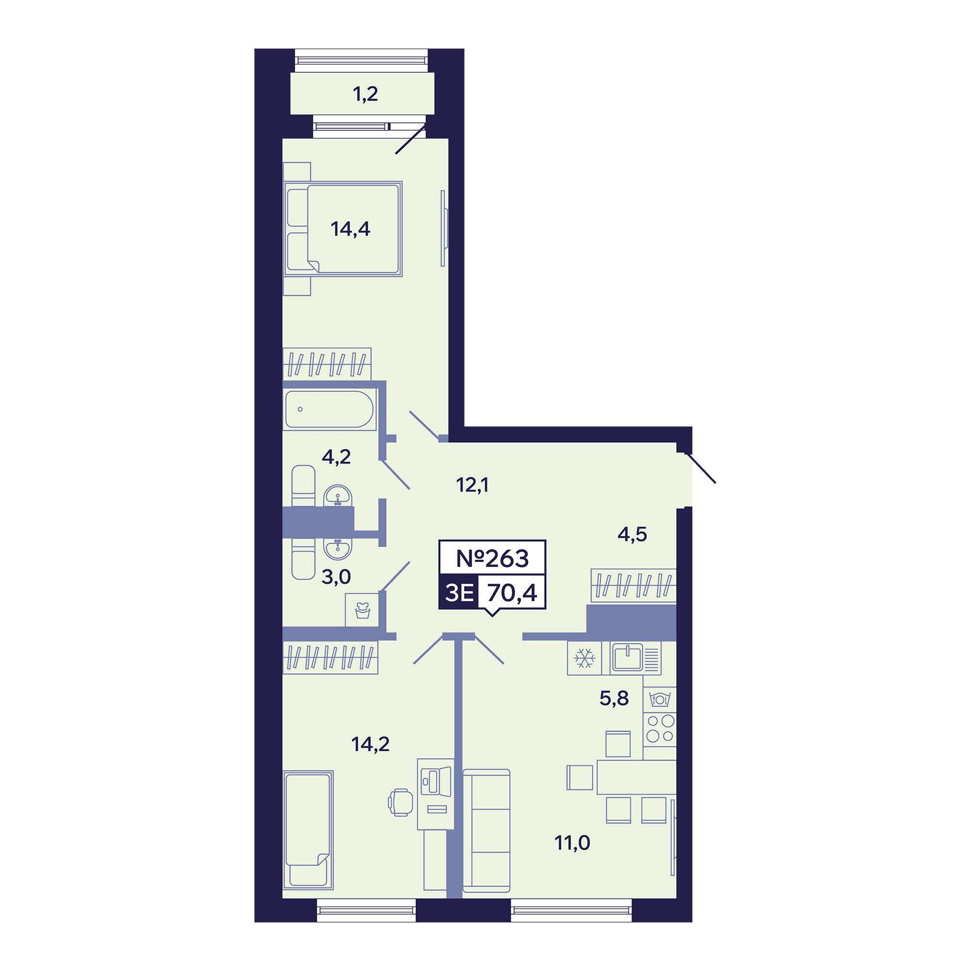 3 комн., 70.4 м²
