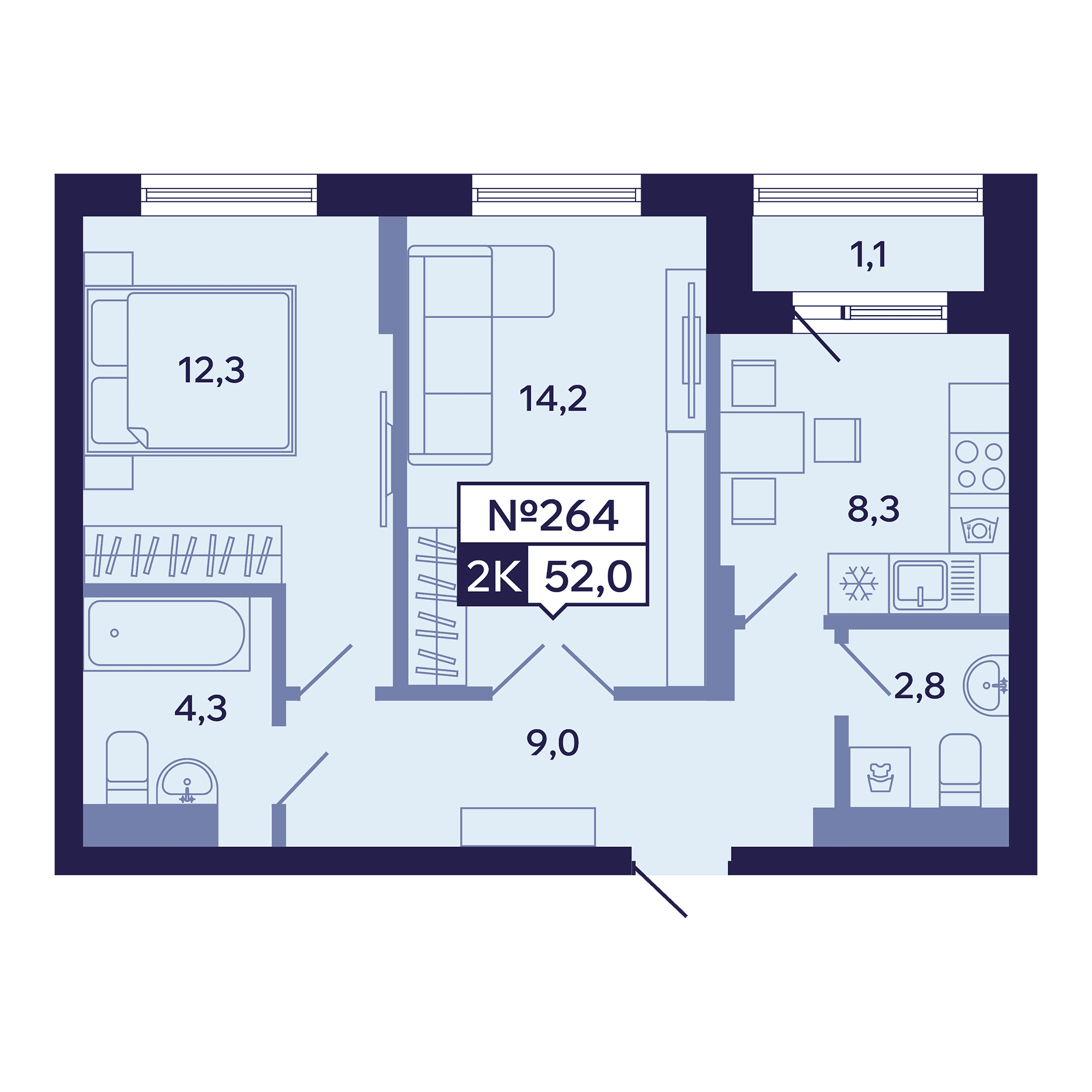 2 комн., 52.0 м²