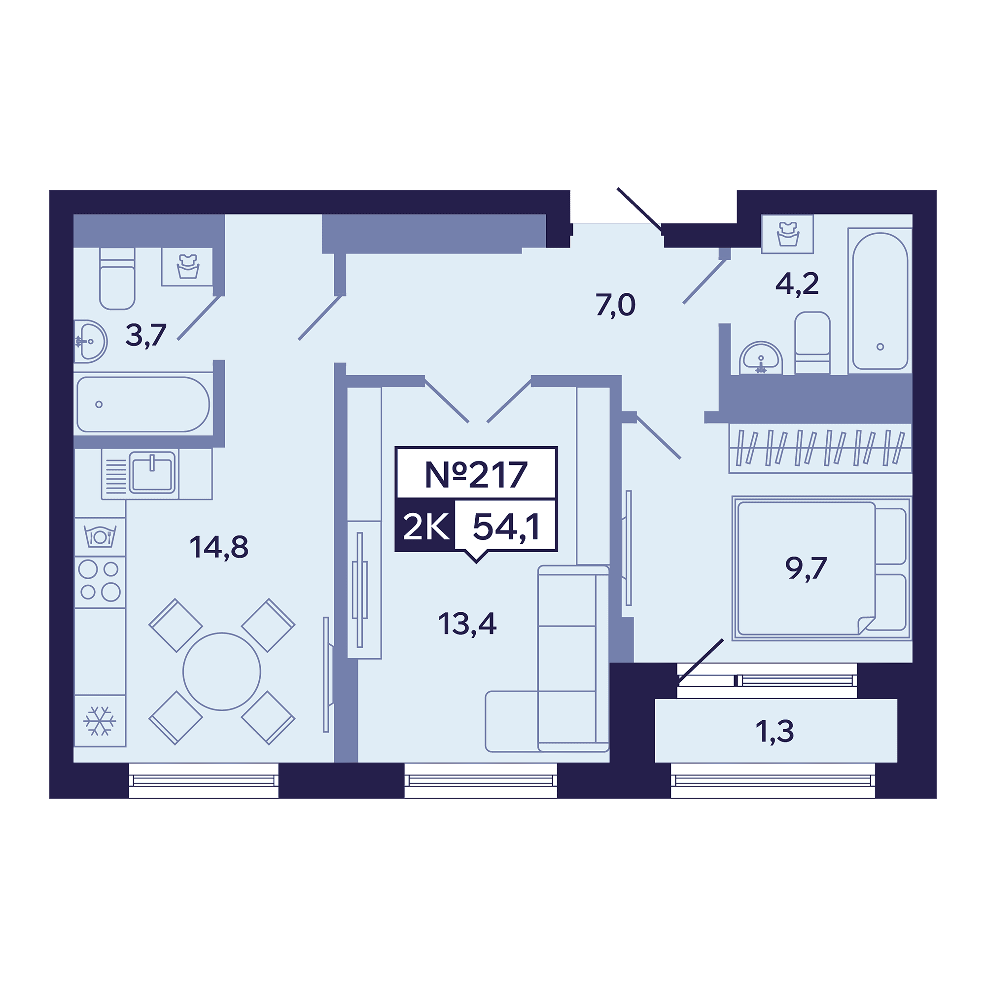 2 комн., 54.1 м²