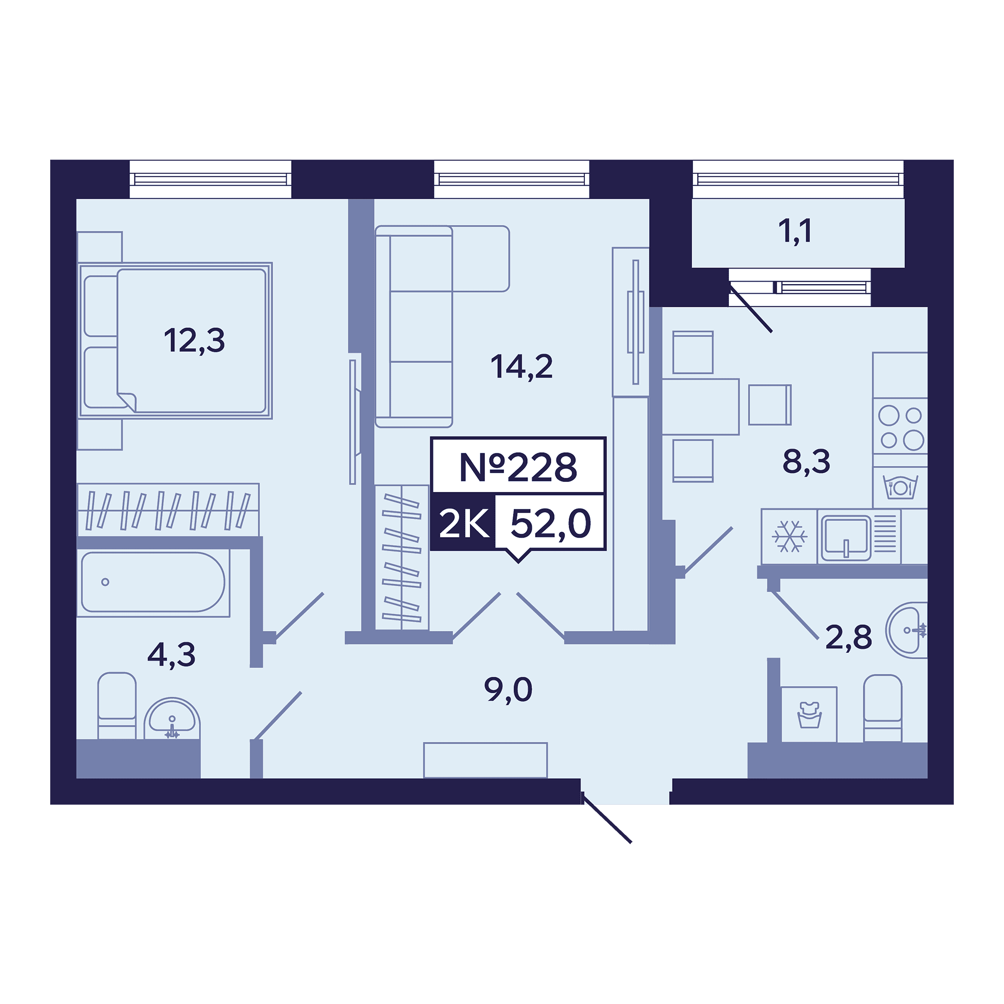 2 комн., 52.0 м²