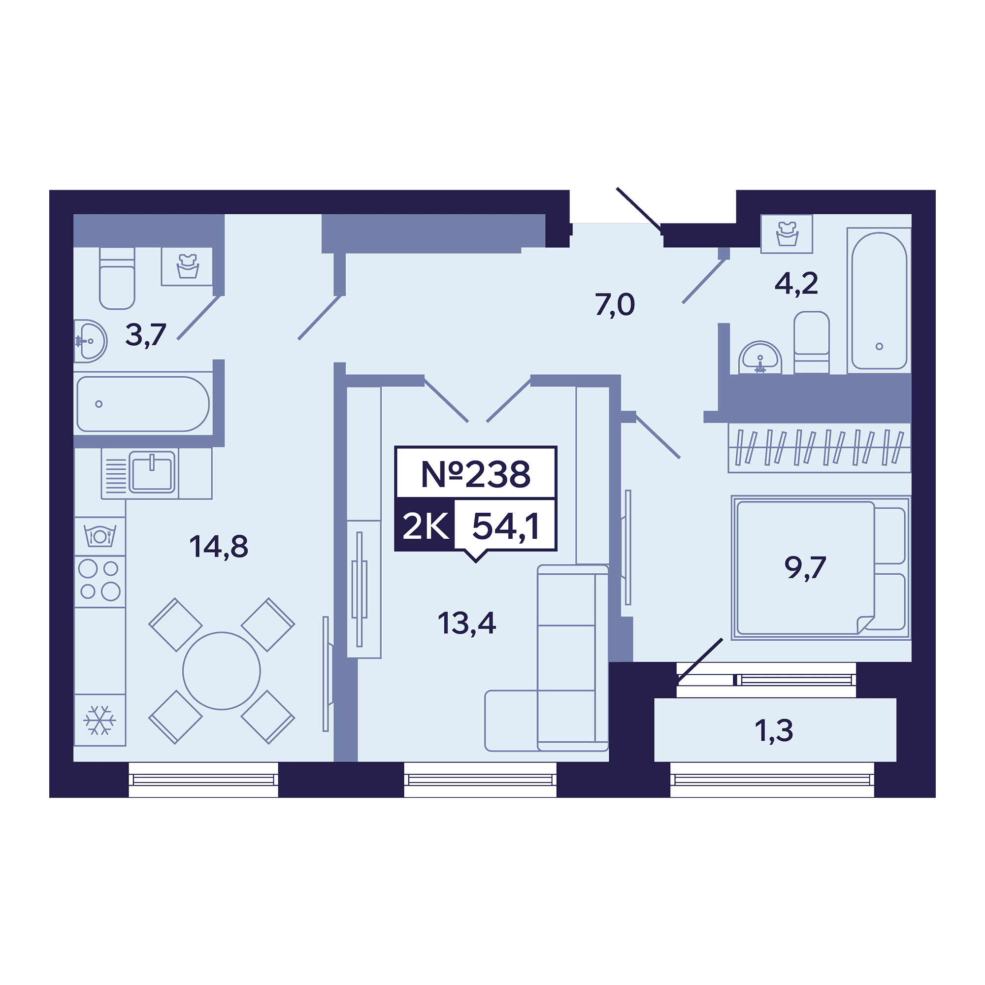 2 комн., 54.1 м²
