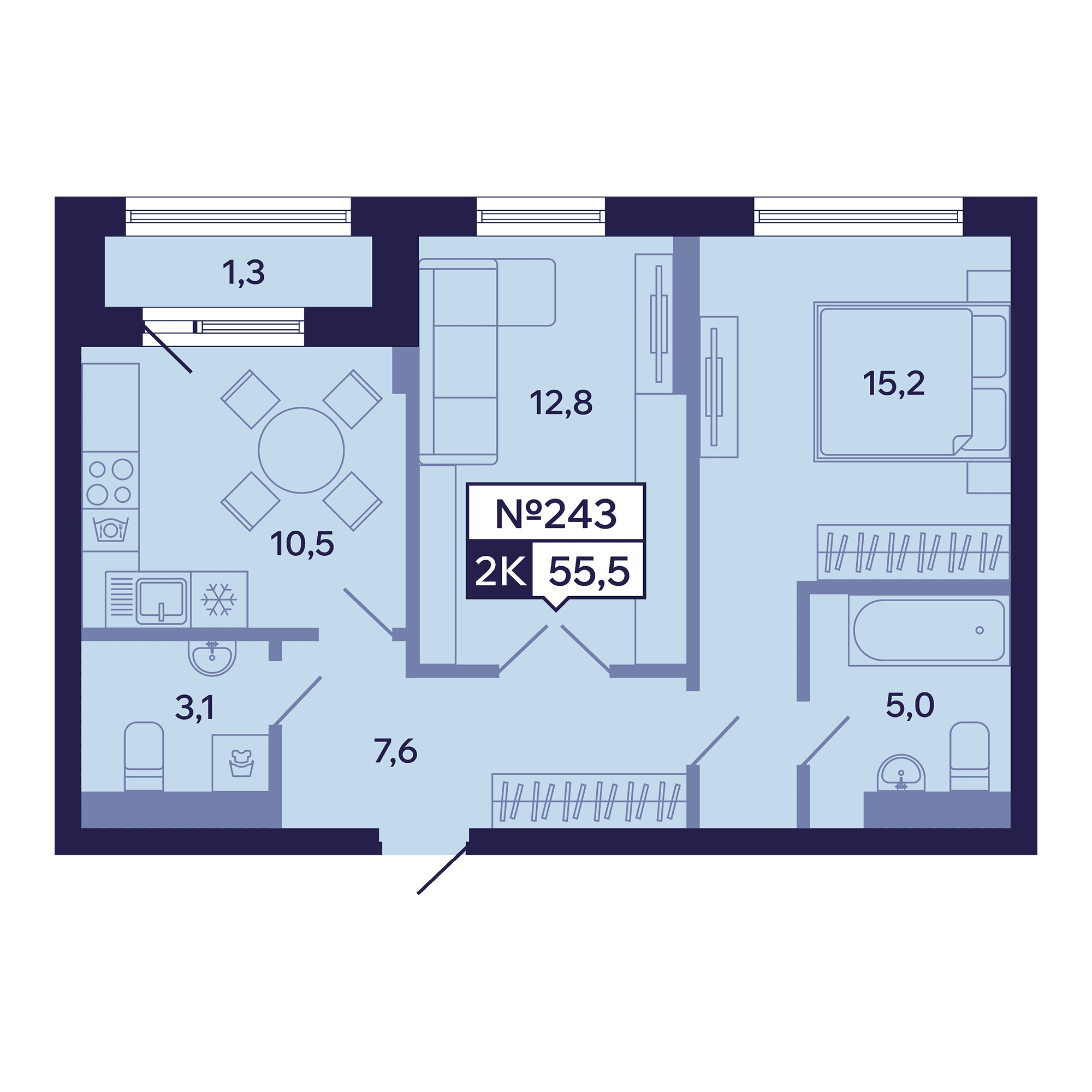 2 комн., 55.5 м²