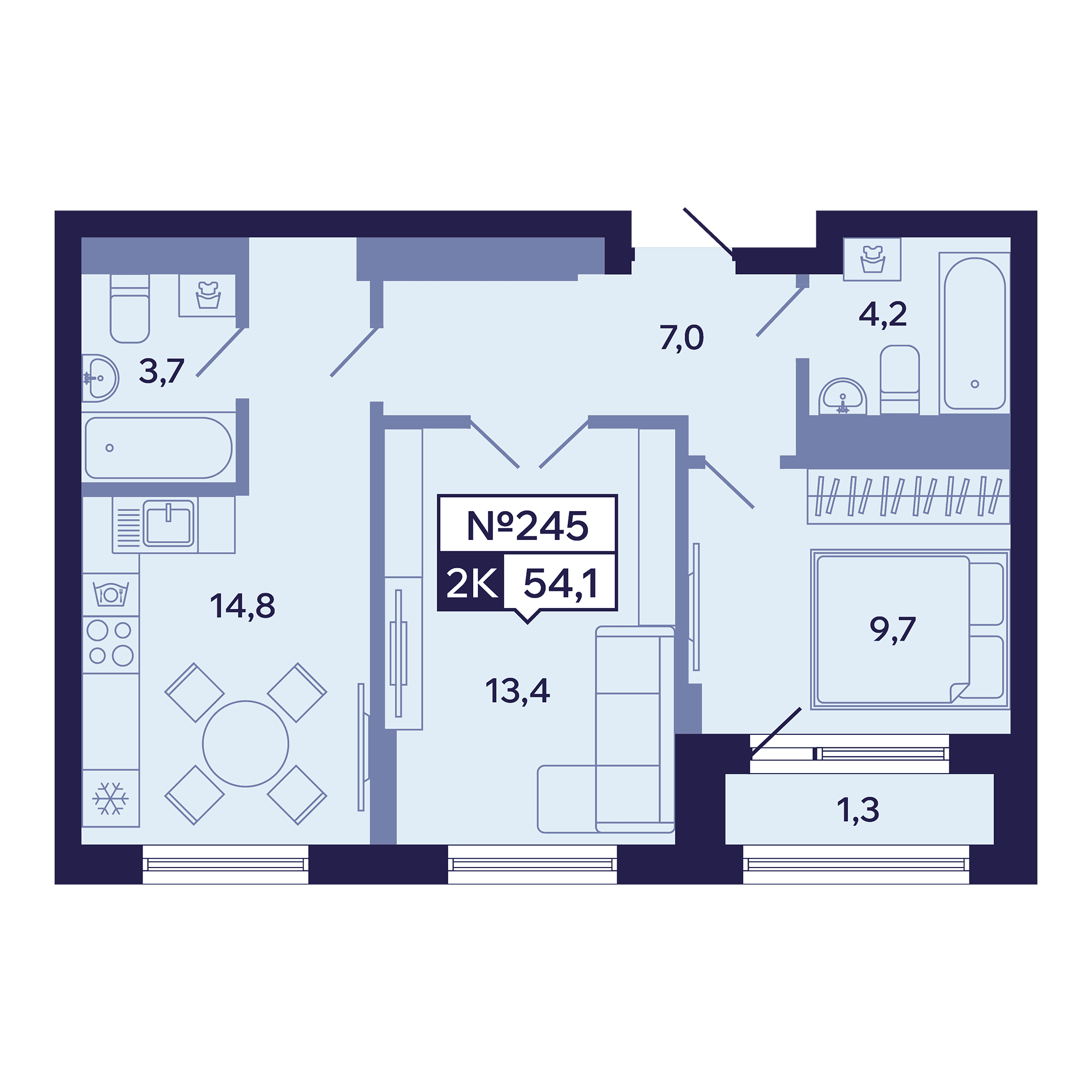 2 комн., 54.1 м²