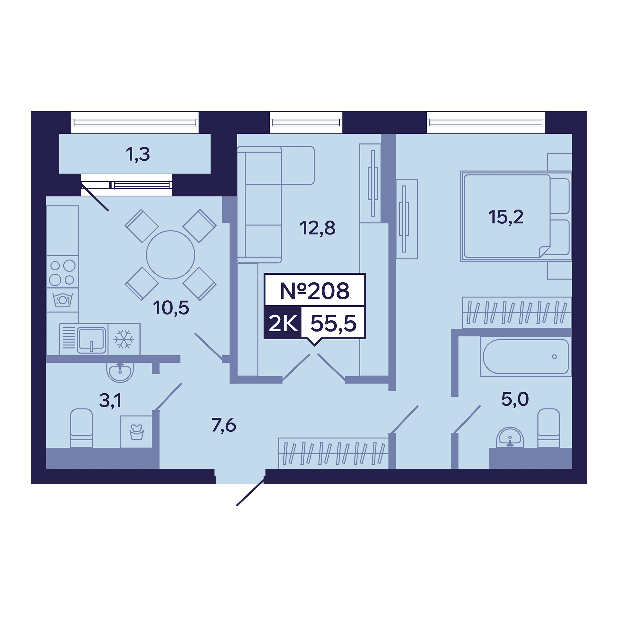 2 комн., 55.5 м²