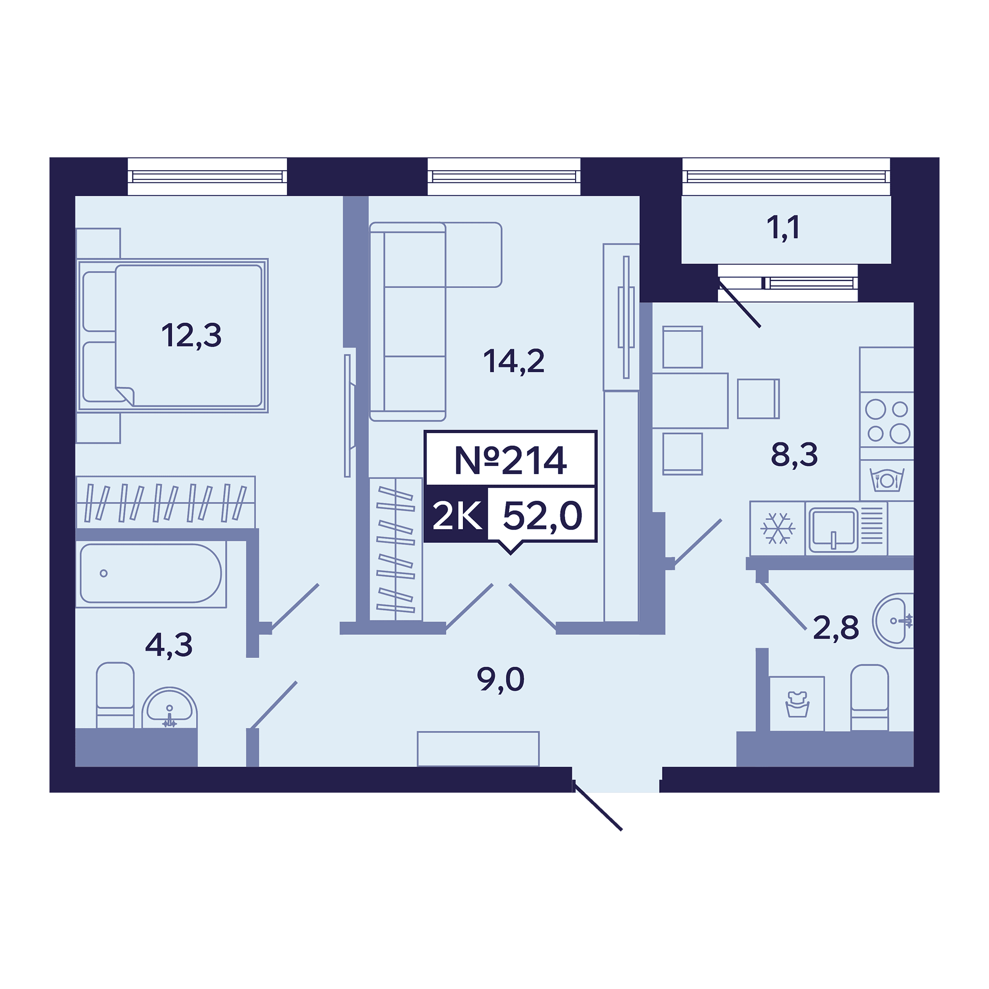 2 комн., 52.0 м²