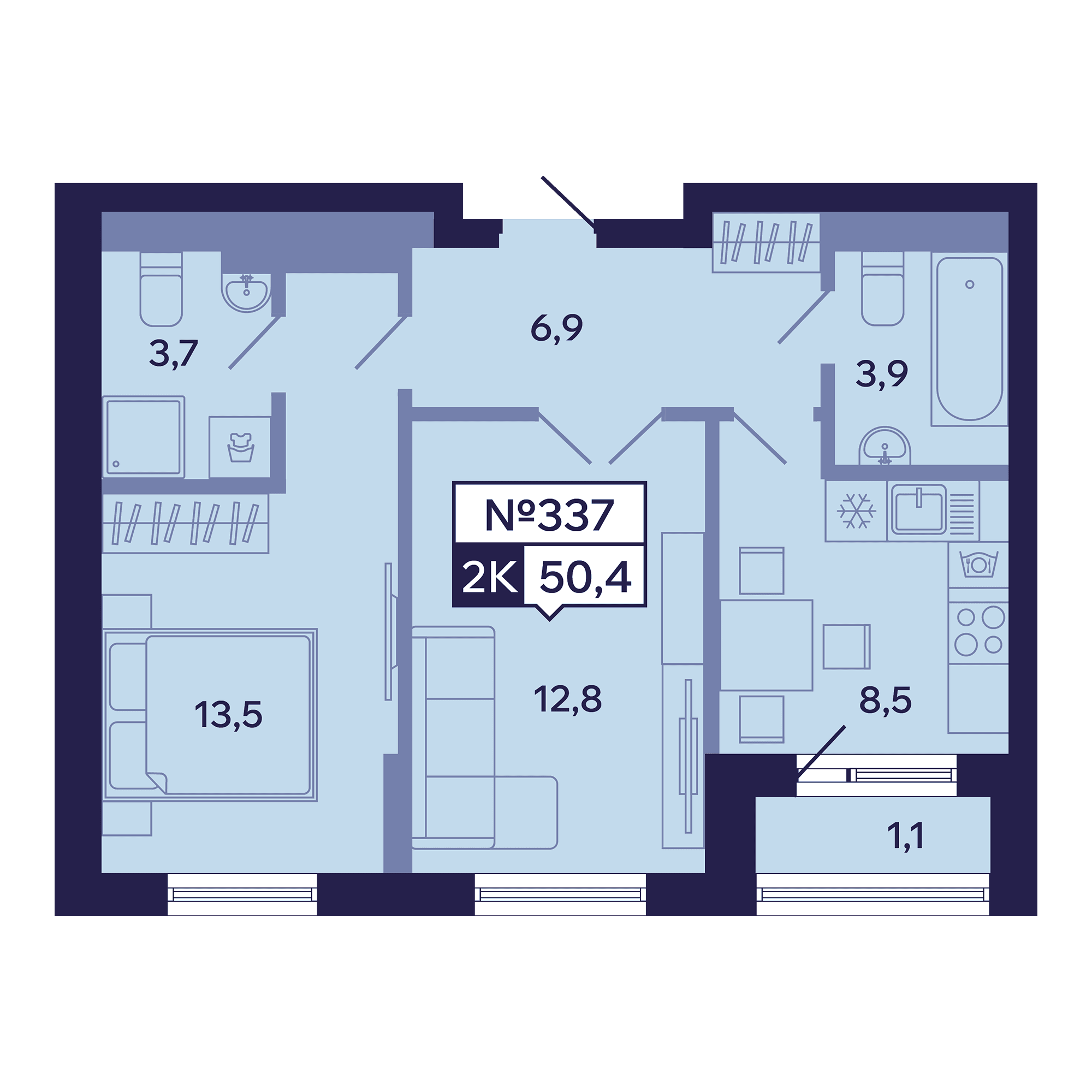 2 комн., 50.4 м²