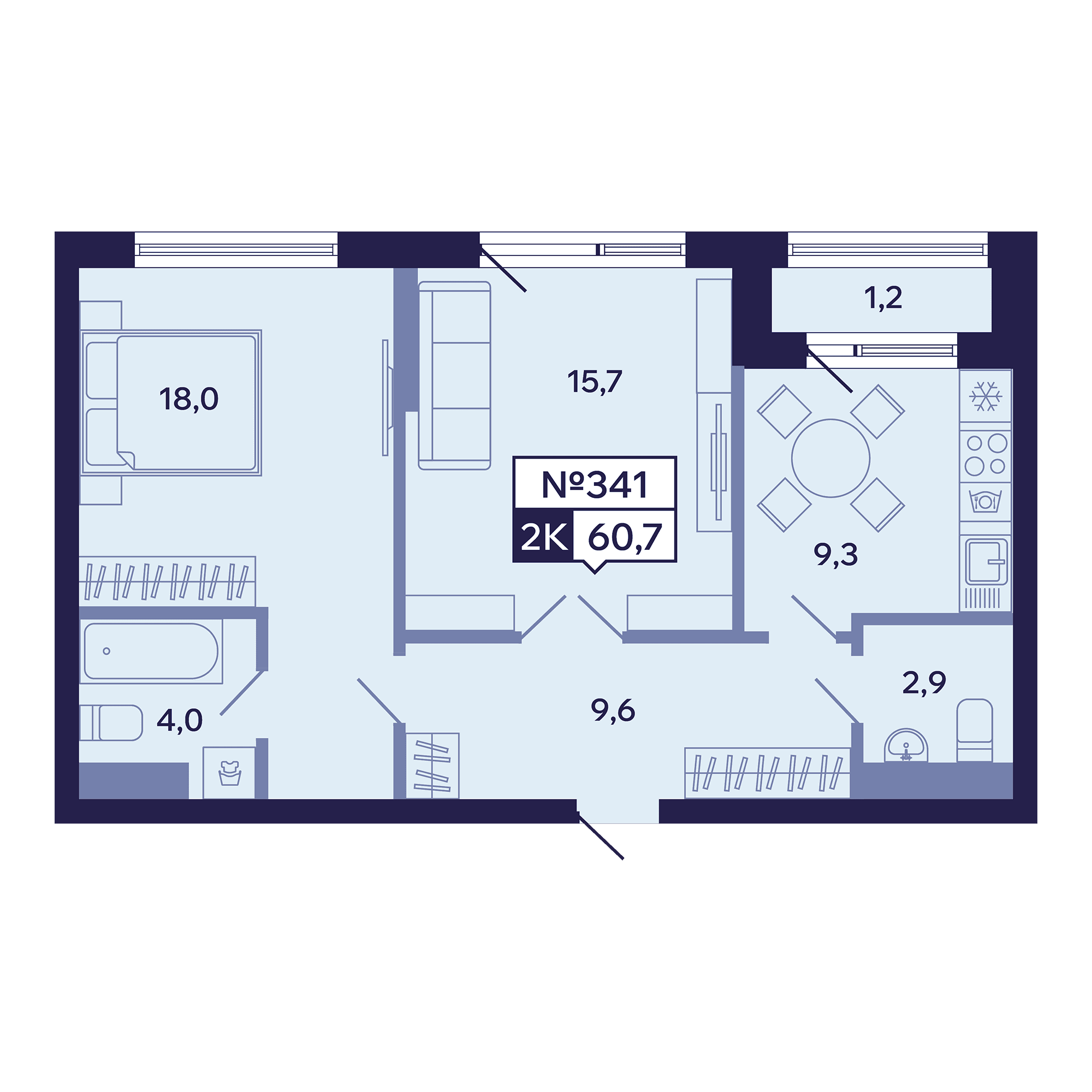 2 комн., 60.7 м²
