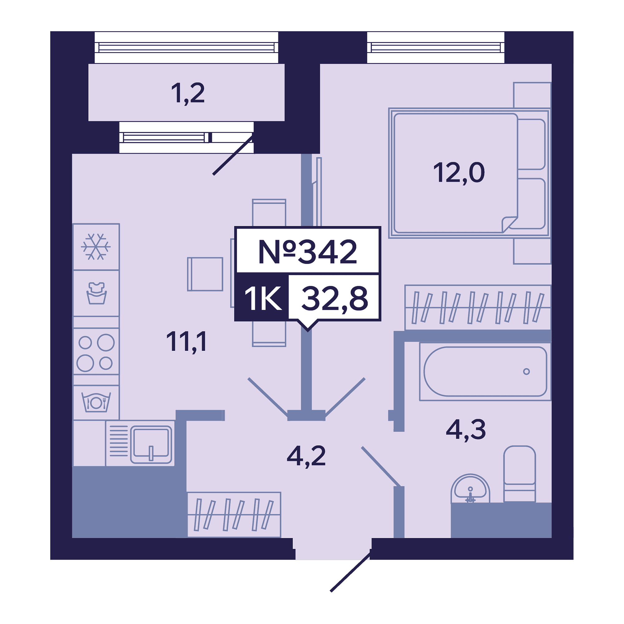 1 комн., 32.8 м²