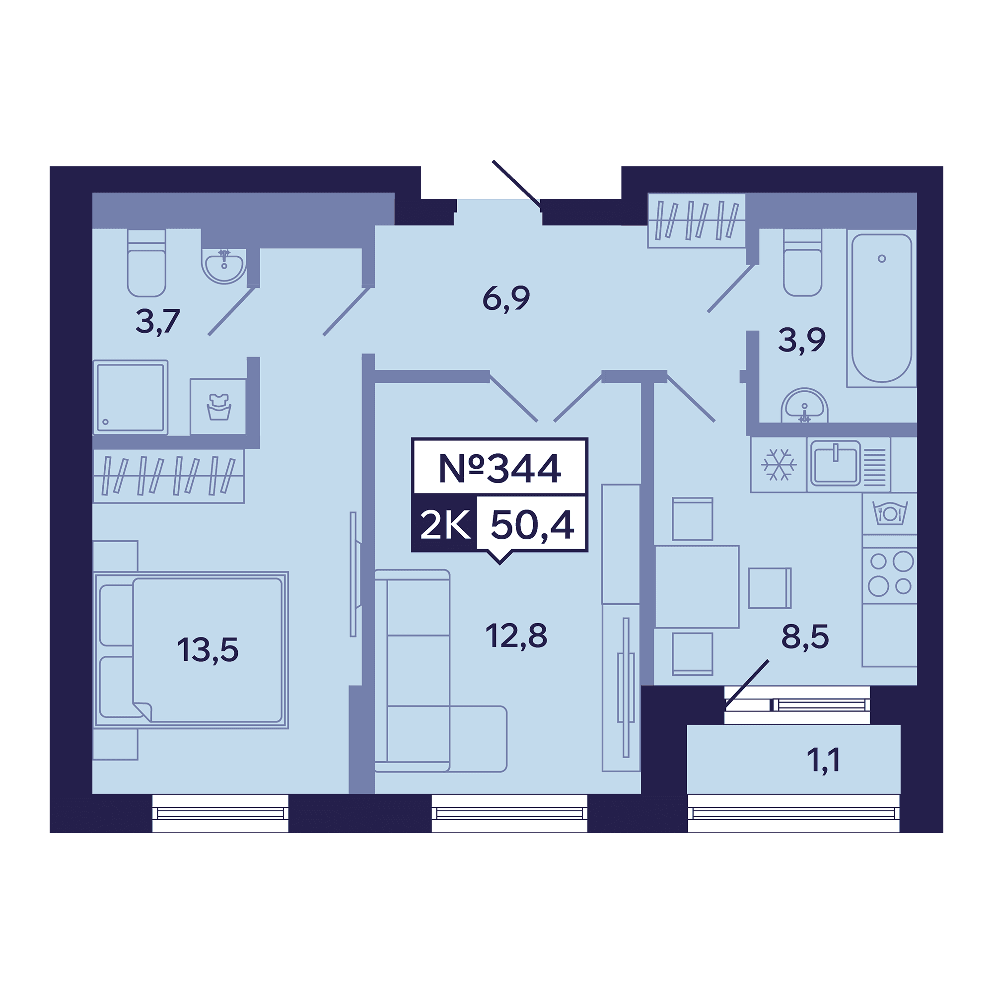 2 комн., 50.4 м²