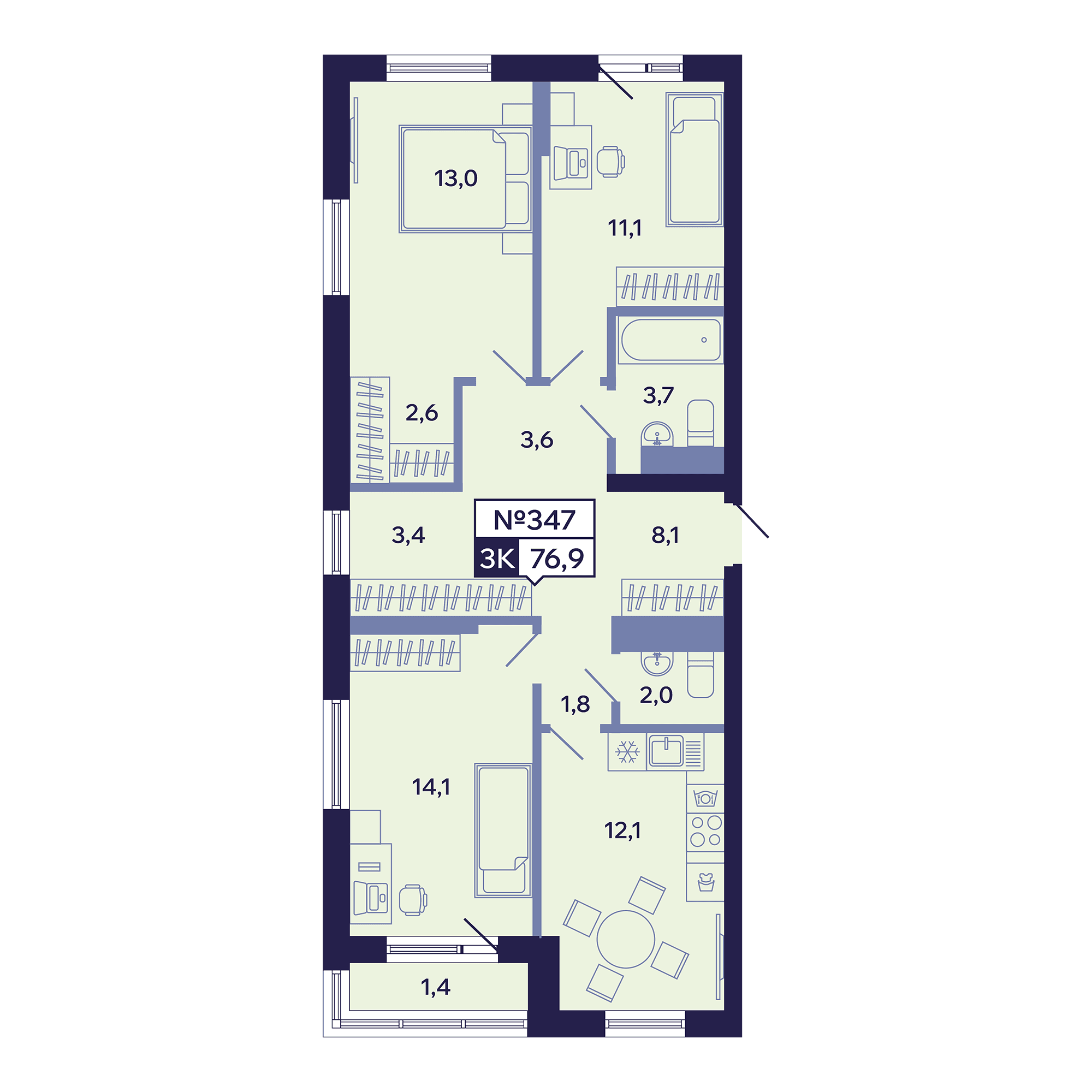 3 комн., 76.9 м²