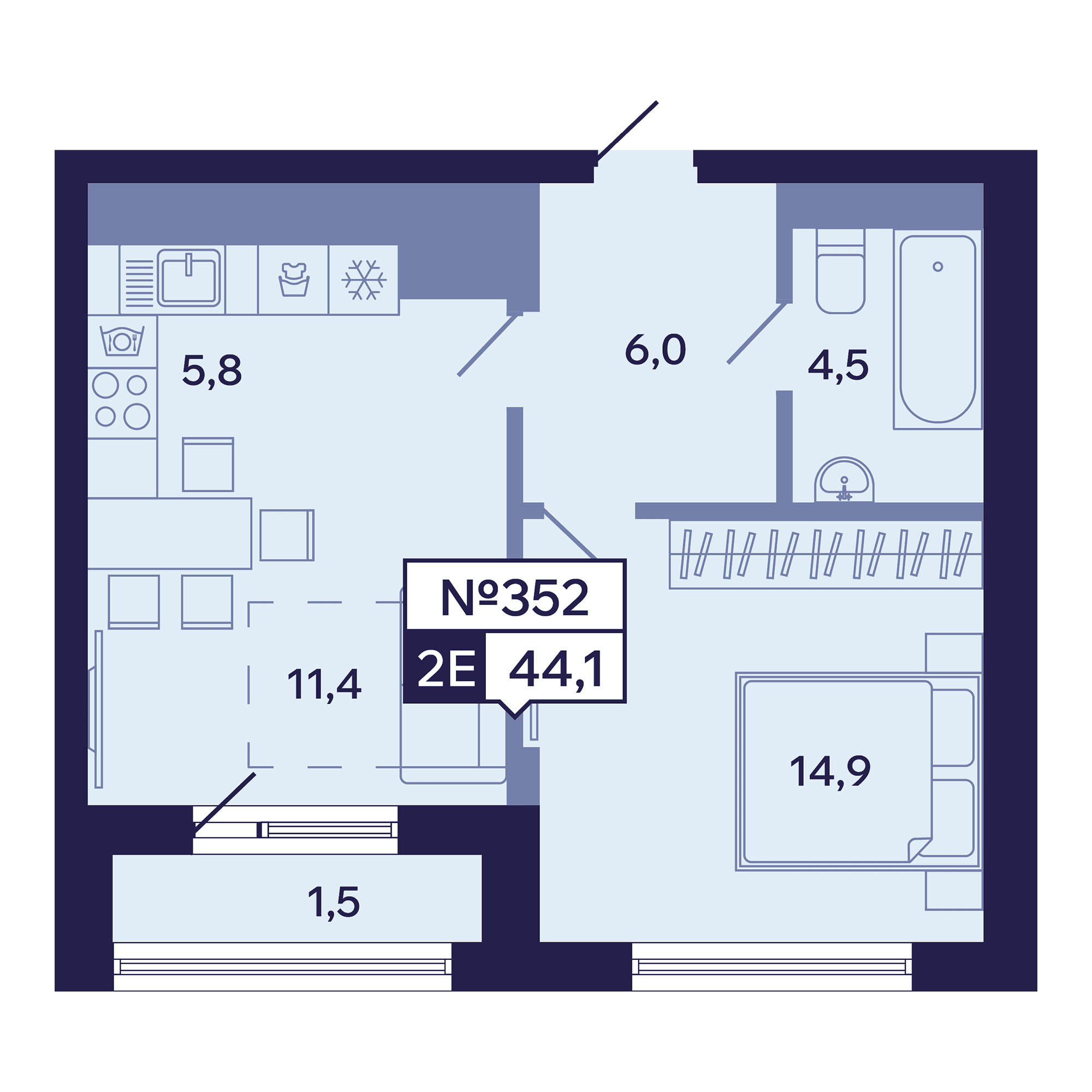 2 комн., 44.1 м²