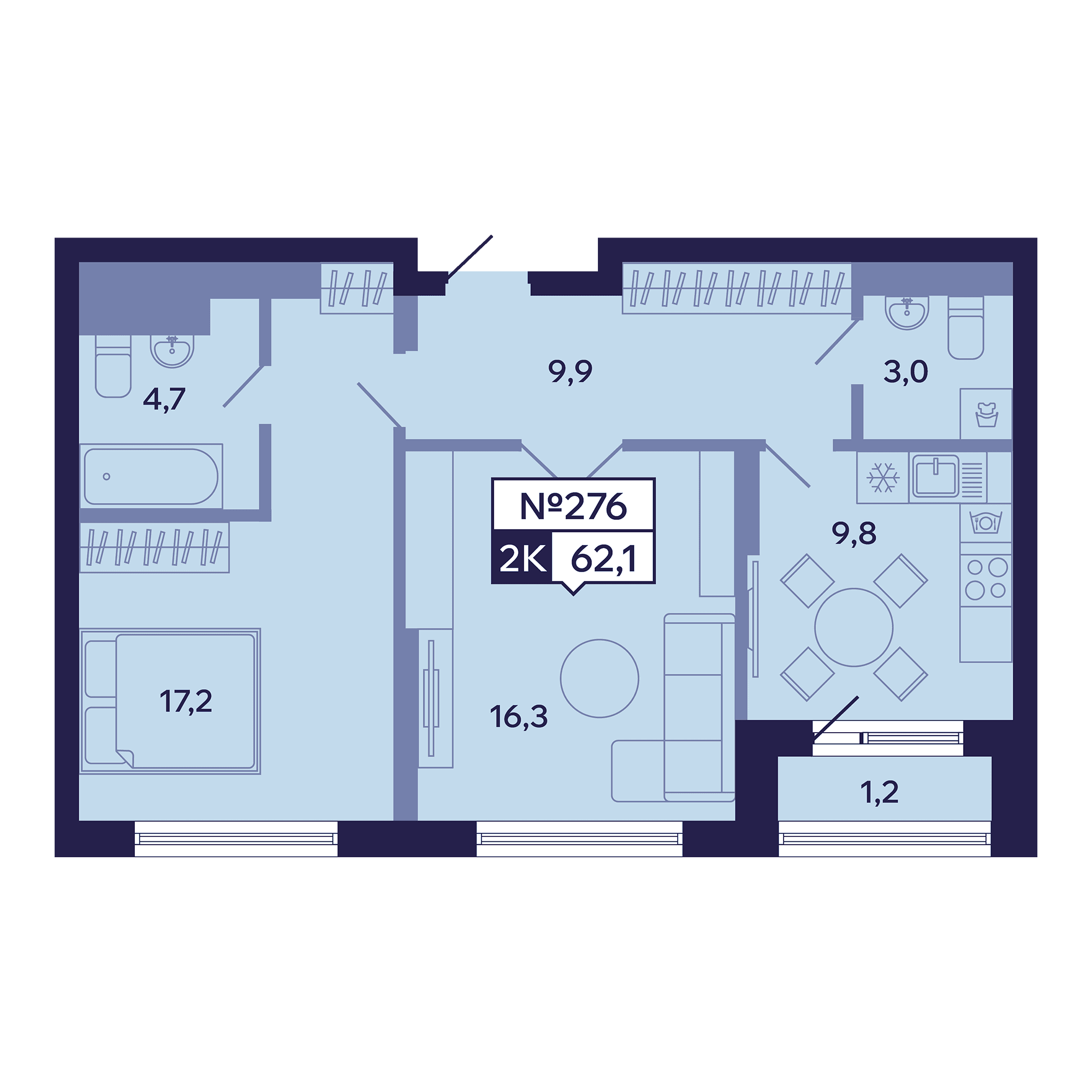 2 комн., 62.1 м²