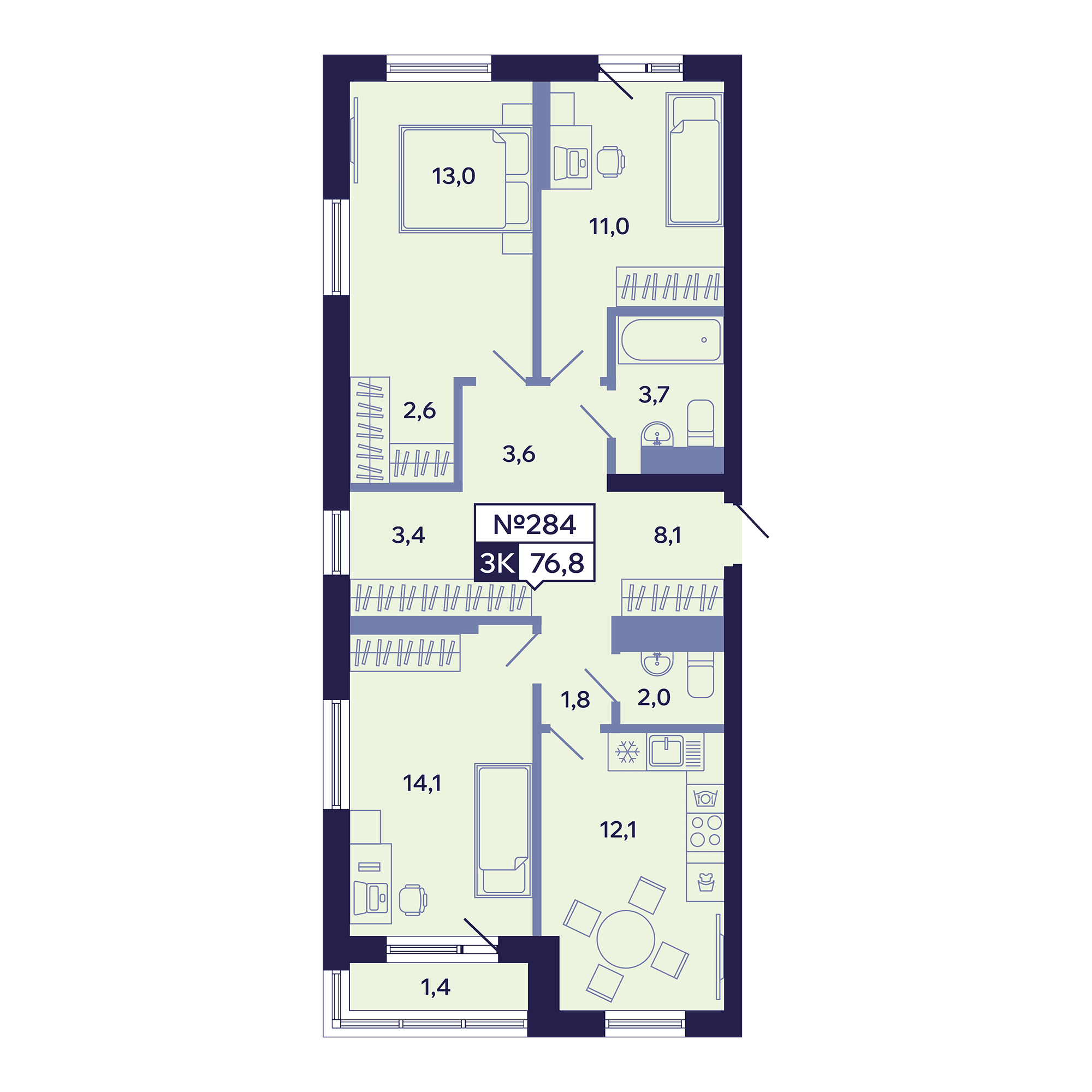 3 комн., 76.8 м²