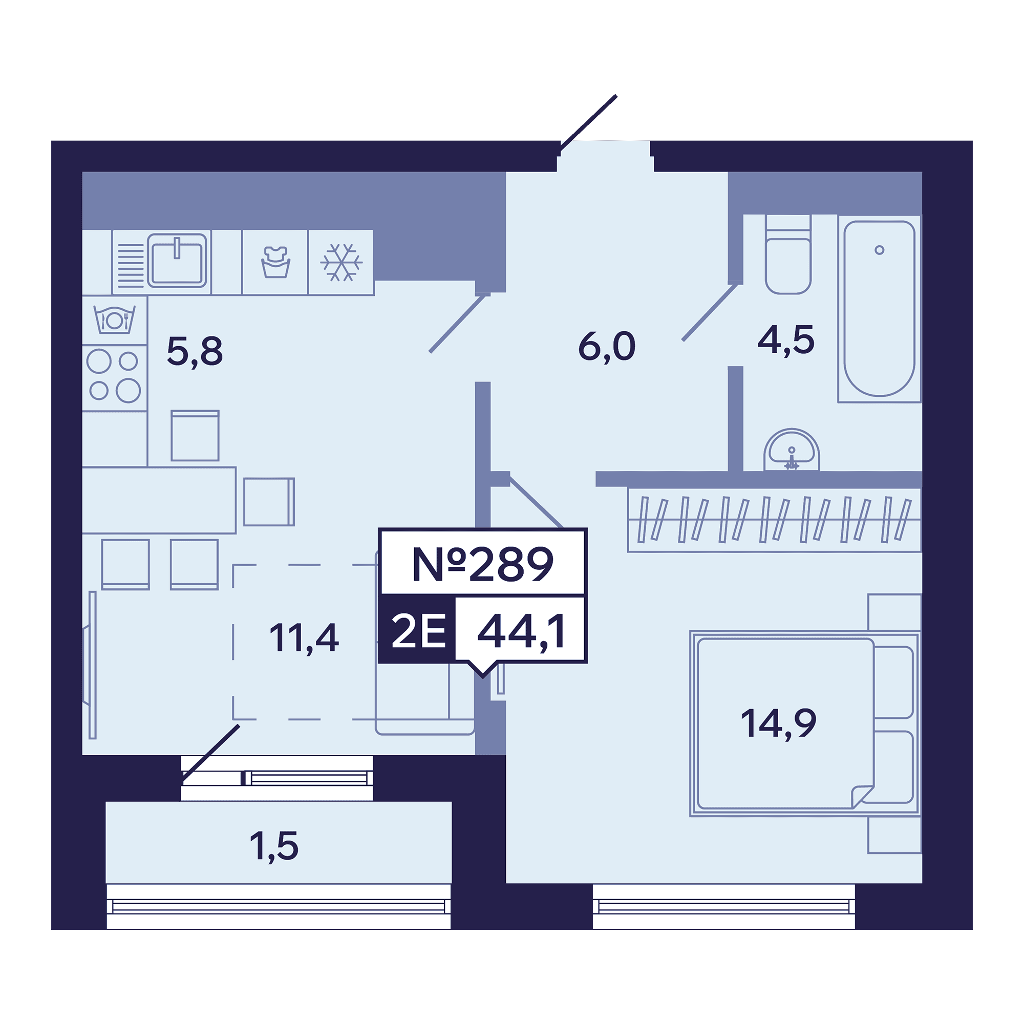 2 комн., 44.1 м²