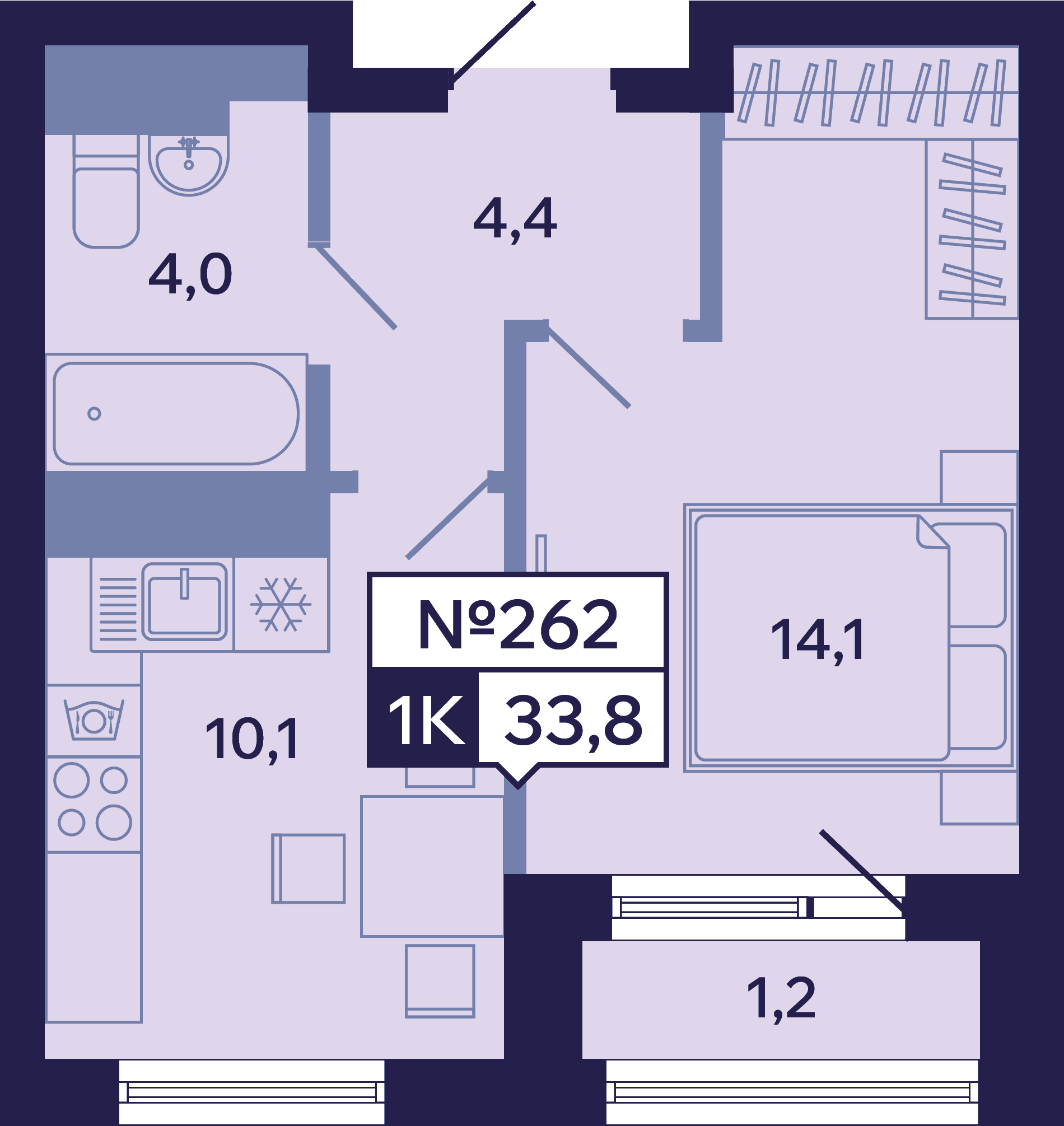 1 комн., 33.8 м²