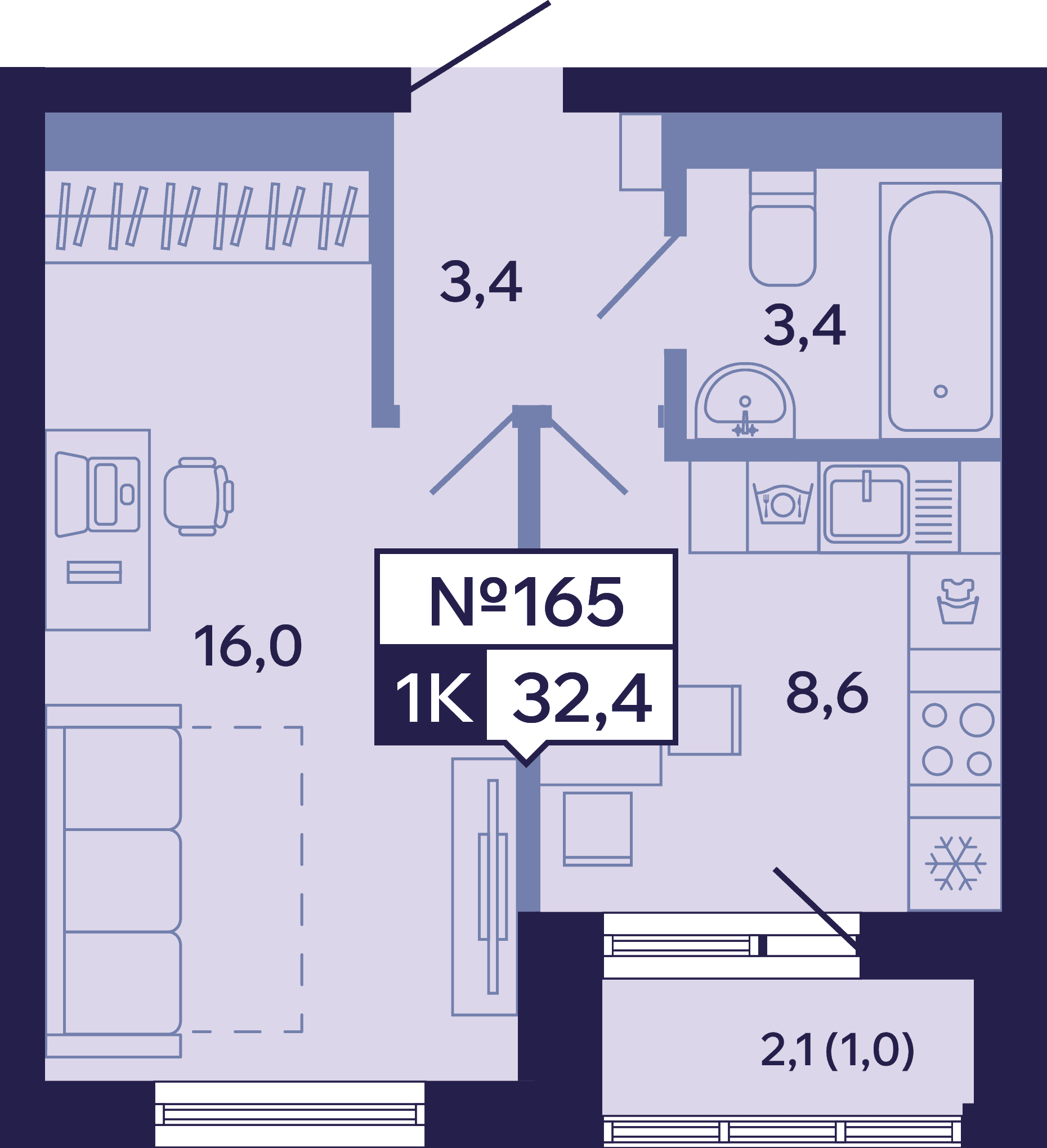 1 комн., 32.4 м²